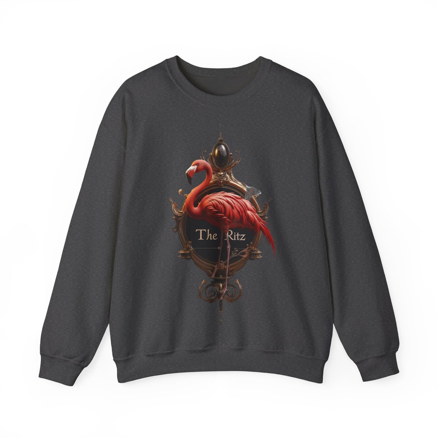 The Ritz Flamingo Unisex Heavy Blend™ Crewneck Sweatshirt – Ornate Gold Frame with Crimson Bird and Whimsical Sentinel