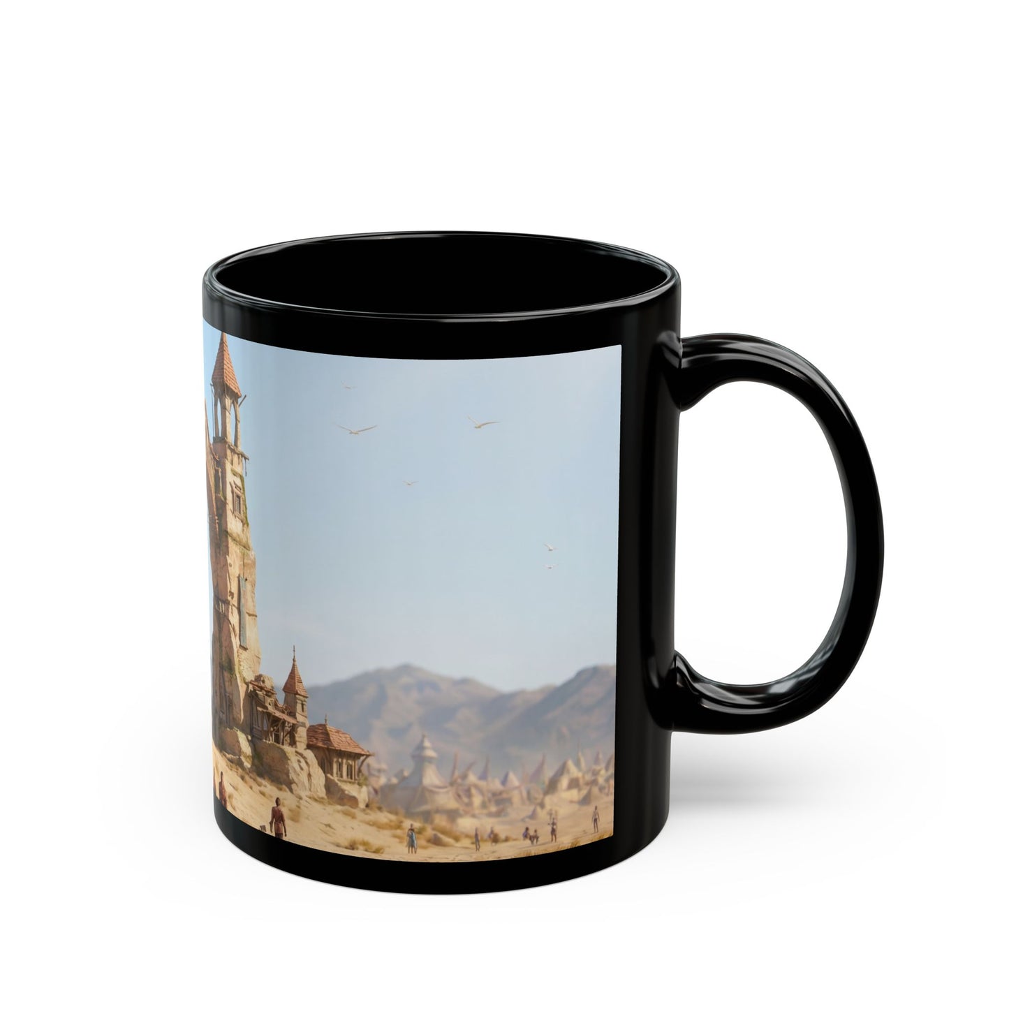 Desert Citadel Black Mug – Sunlit Ruins & Wanderer’s Path