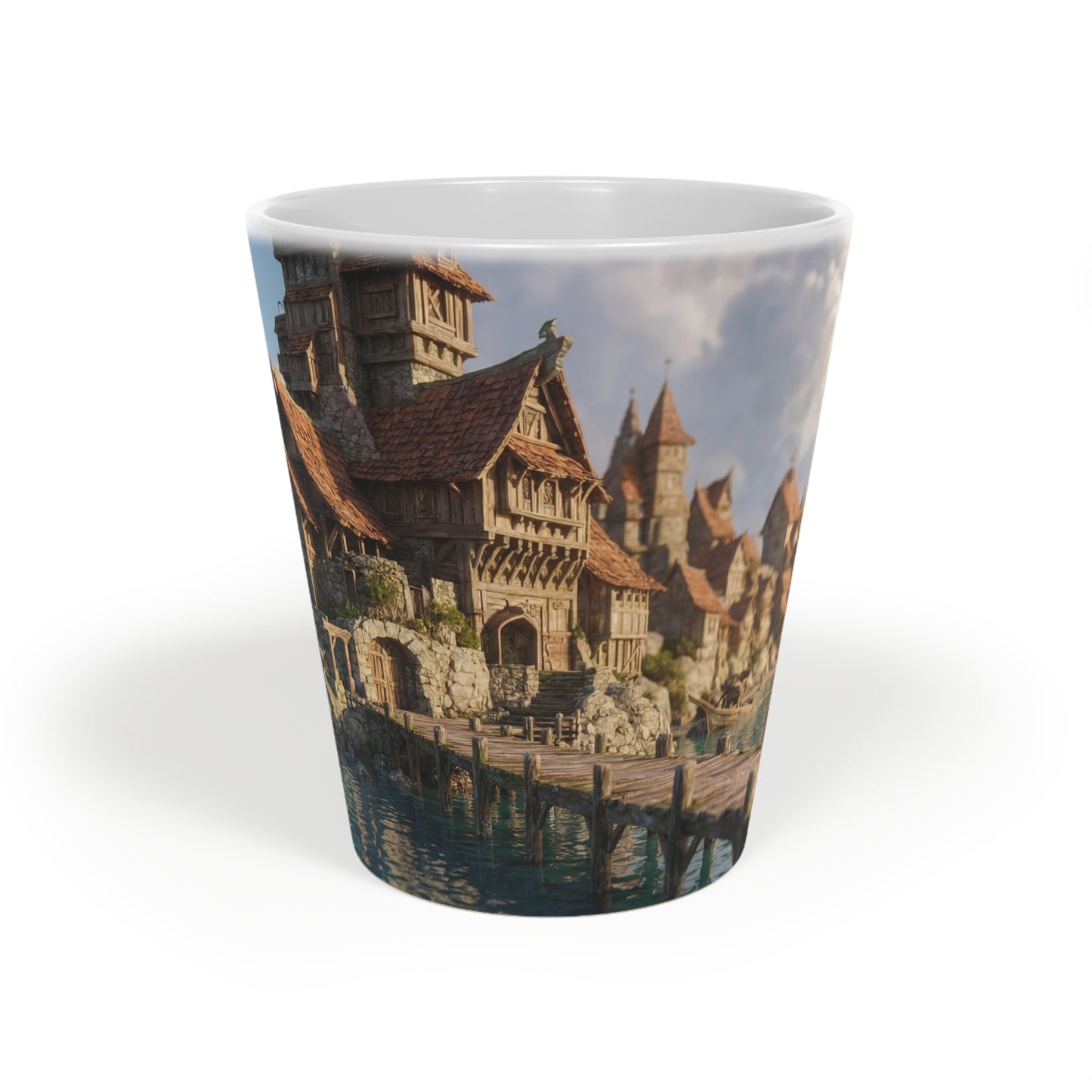 Coastal Viking Village Latte Mug, 12oz – Sunlit Stone & Timber Dreamscape
