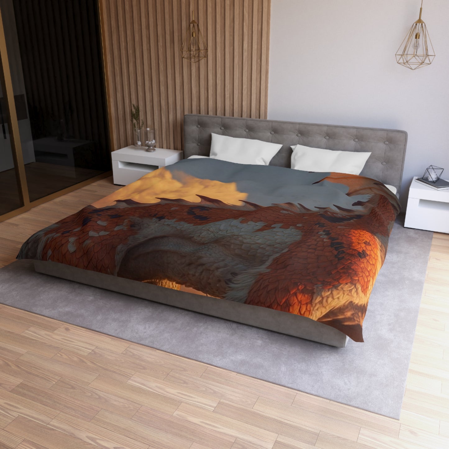 Sunset Sentinel Dragon Microfiber Duvet Cover – Warm Amber Glow in Wild Grass