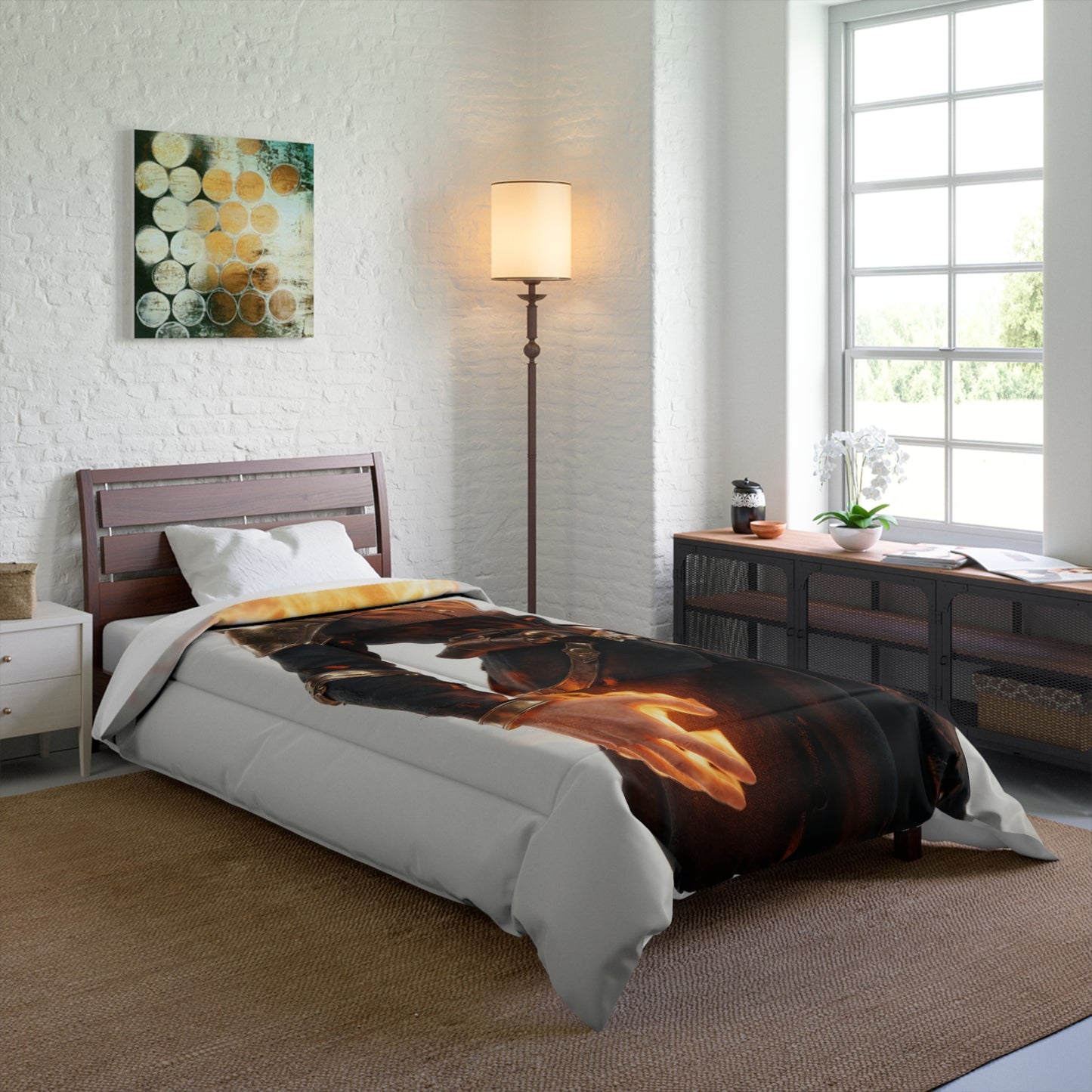 Flame-Headed Sentinel Comforter – Ashen Armor and Burning Grace