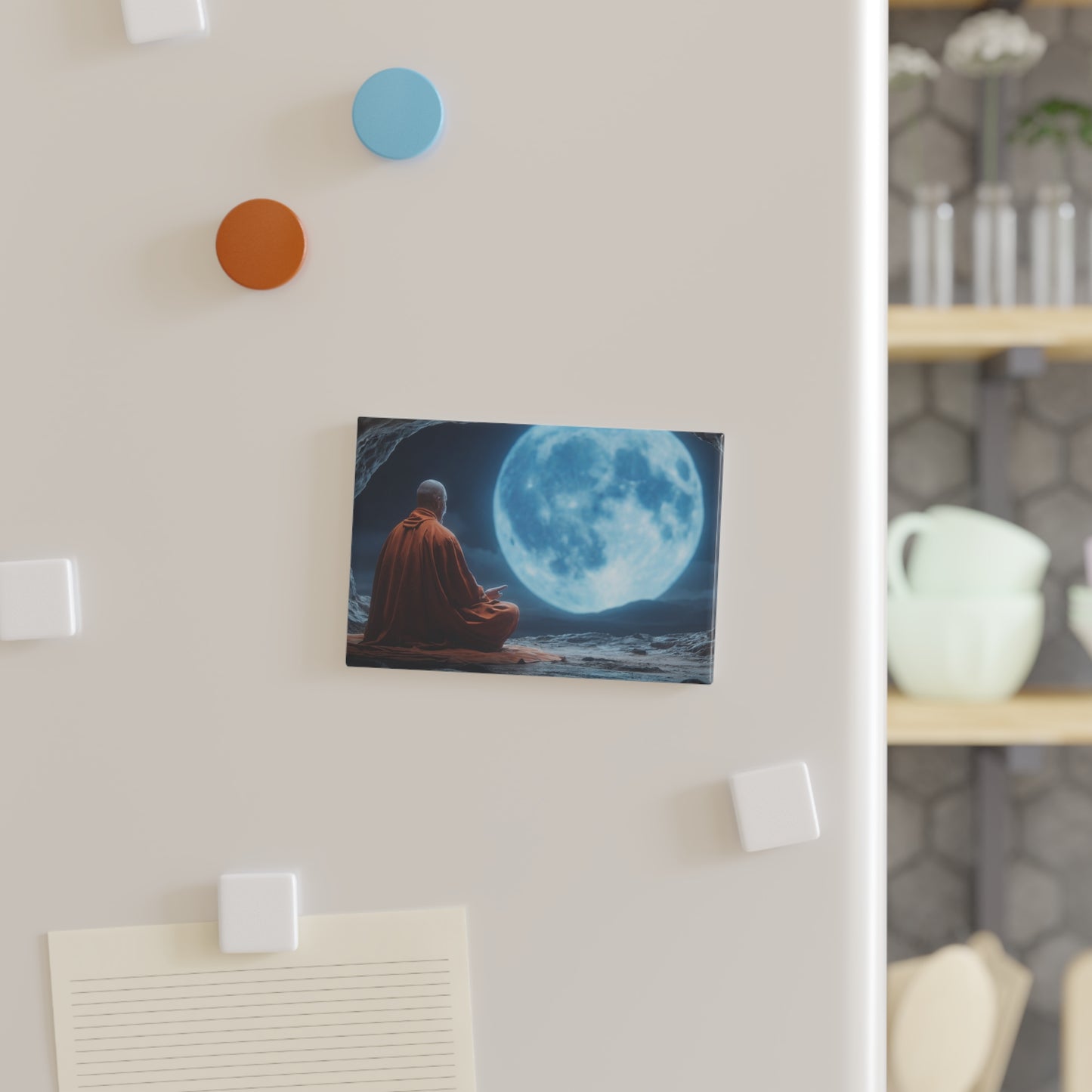 Monk Beneath the Blue Moon Button Magnet, Rectangle (1 & 10 pcs) – Serene Night Meditation