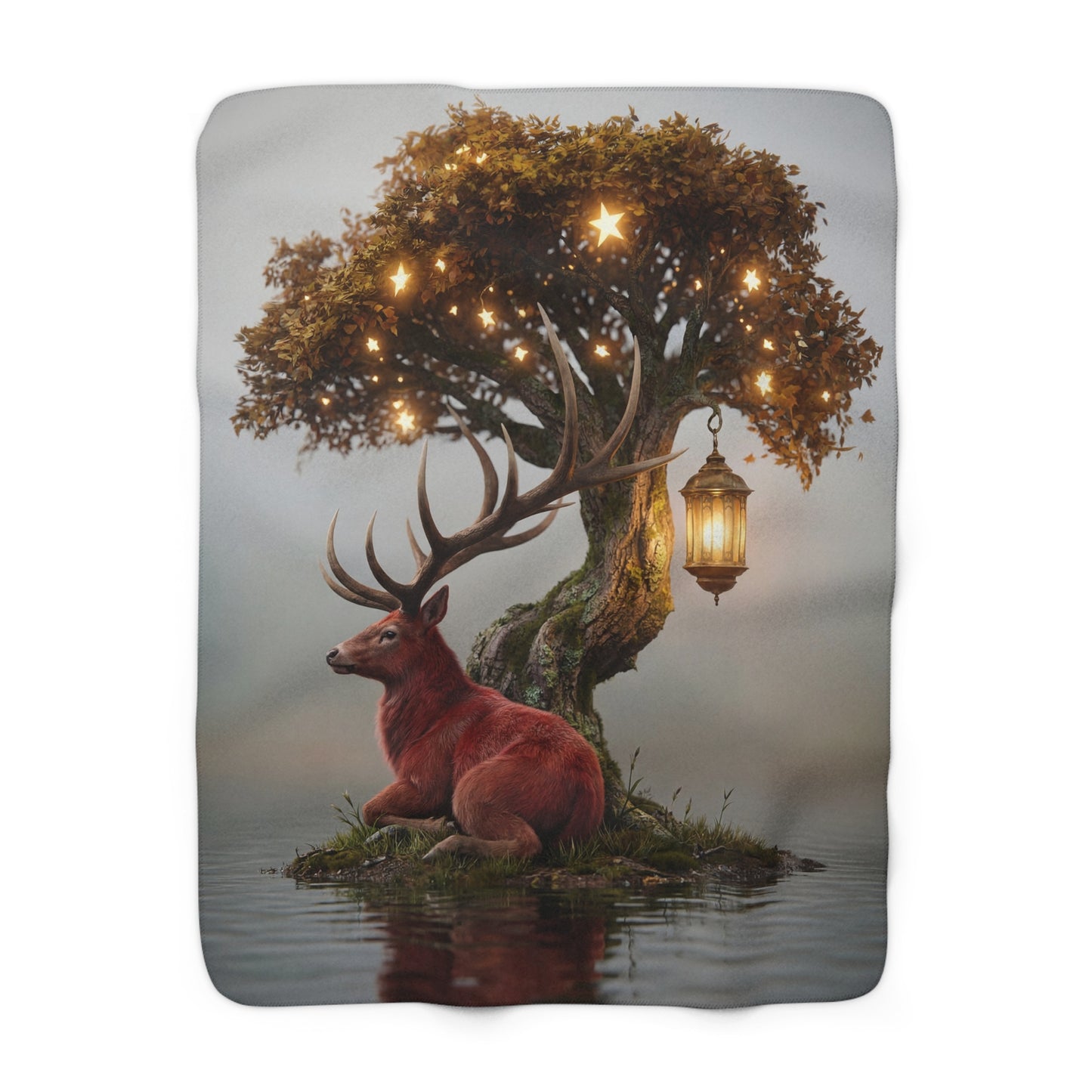 Starlit Stag Sherpa Fleece Blanket – Mossy Isle Lantern Glow