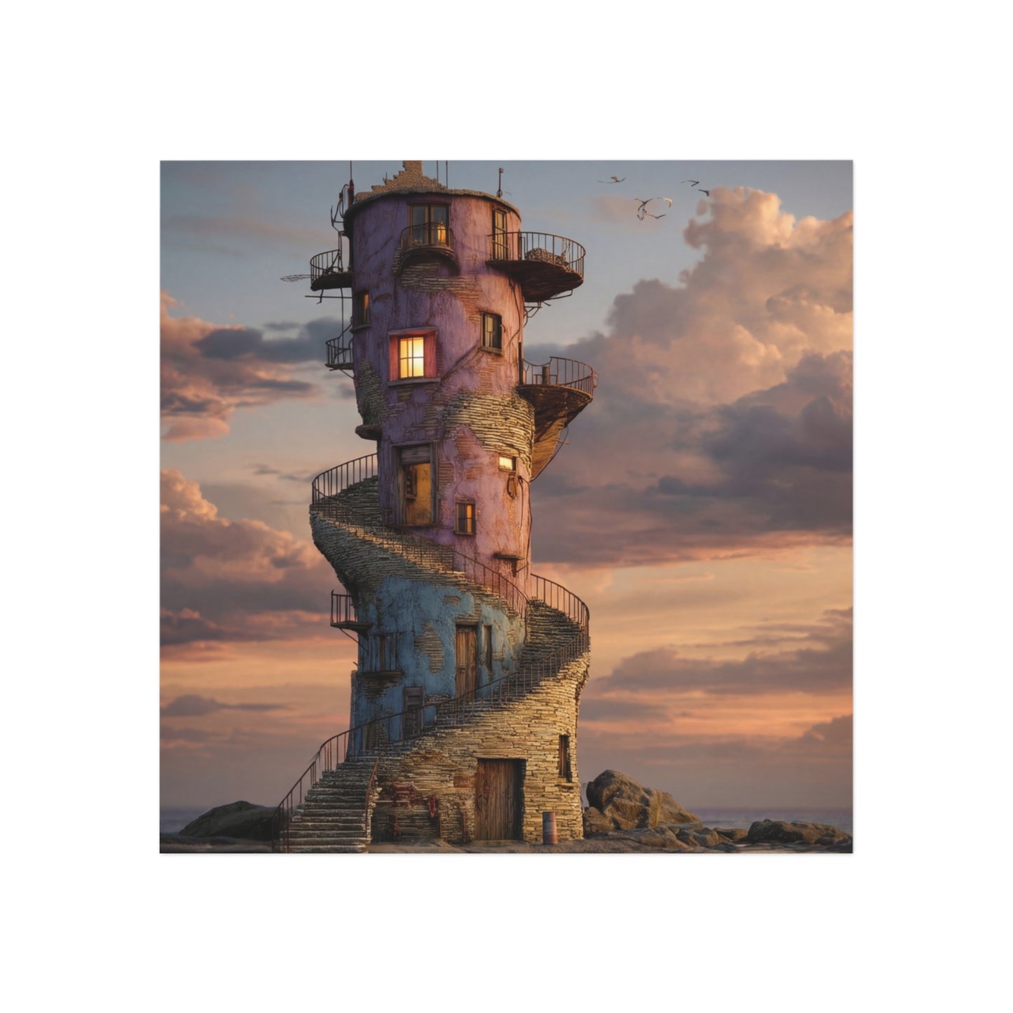 Coastal Lighthouse Tower Magnet – Sunset Sentinel on Rocky Shore