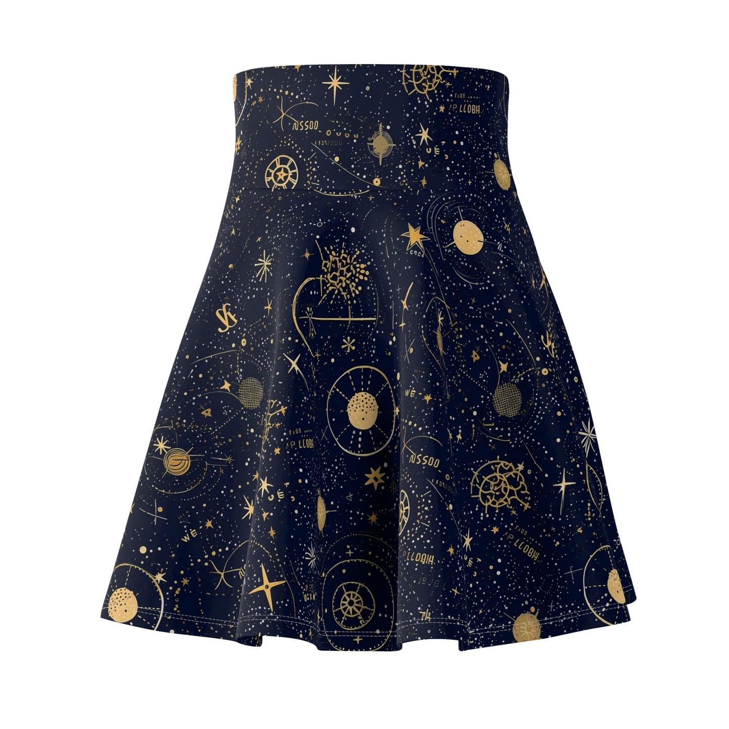 "A detailed star map pattern with constellations interconnected by delicate lines, using a color palette of deep indigo, midnight blue, and accents of silver and gold." - Women's Skater Skirt