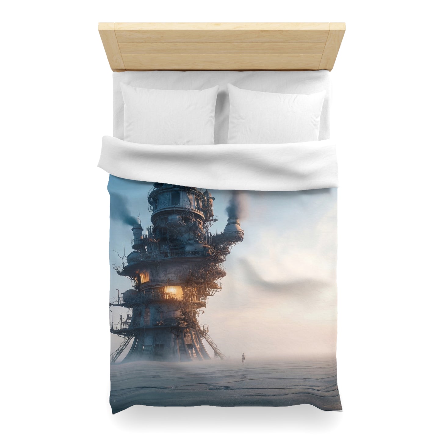 Skyward Steam Tower Microfiber Duvet Cover – A孤独 Sentinel in Dawn’s Hush