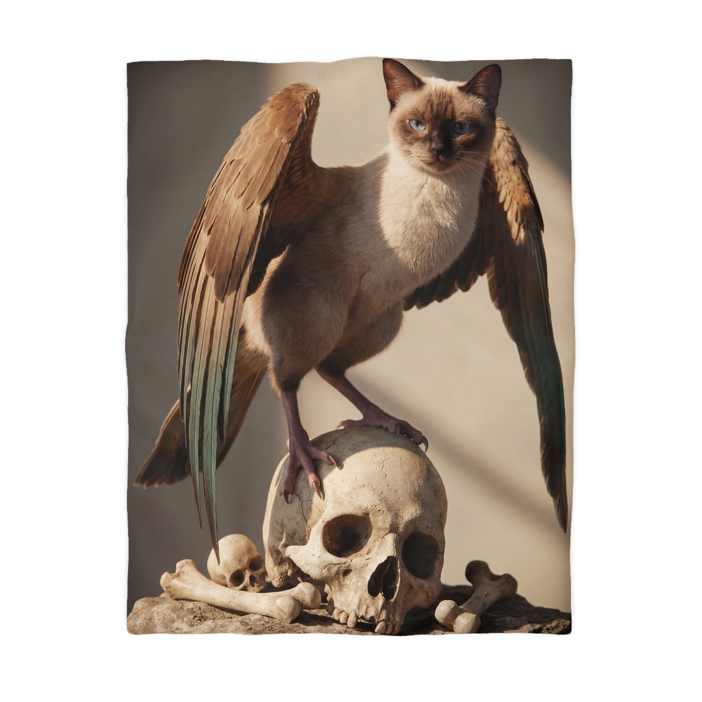Winged Siamese Sentinel Microfiber Duvet Cover – Sunlit Bone Throne Dreamscape