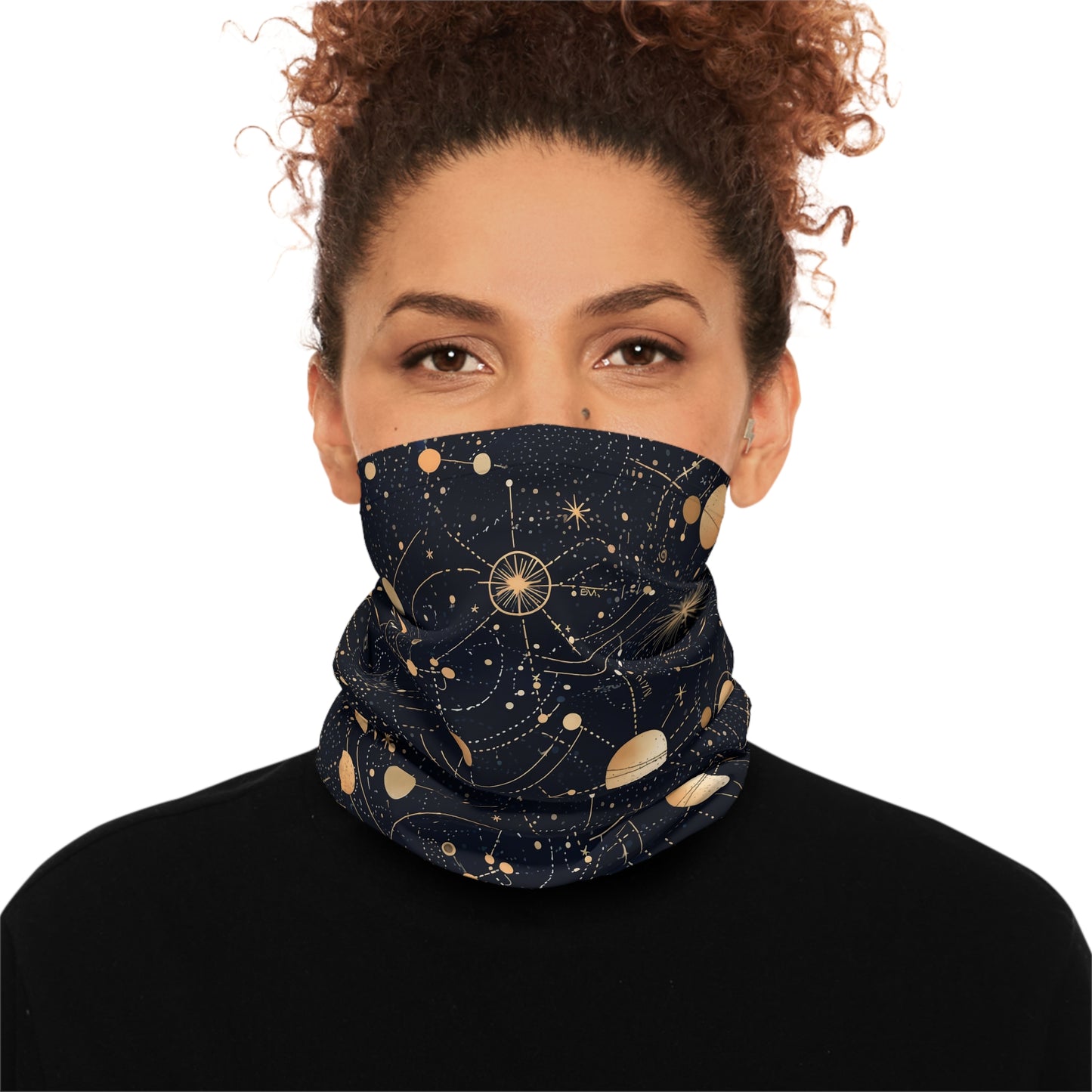 "A detailed star map pattern with constellations interconnected by delicate lines, using a color palette of deep indigo, midnight blue, and accents of silver and gold." - Lightweight Neck Gaiter