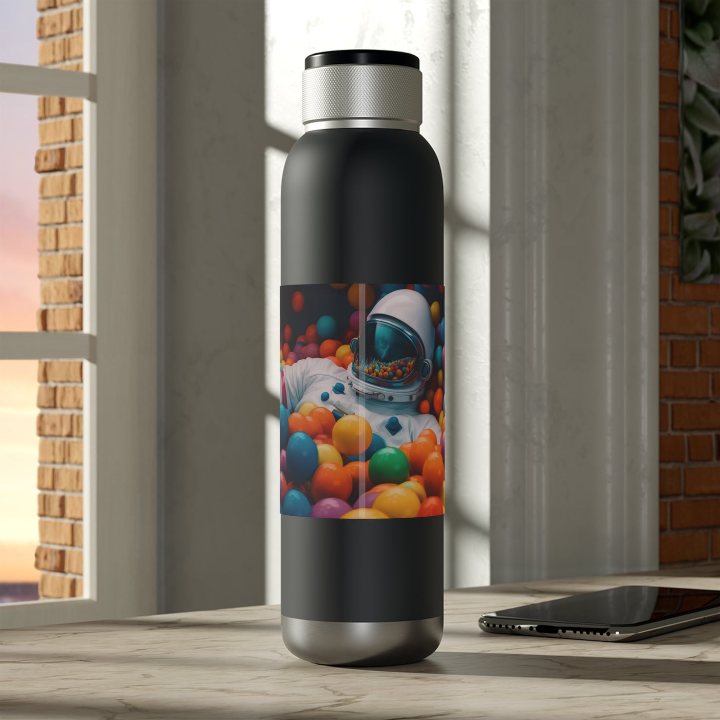 a realistic of photography astronaut lying in colourful balls pool - Soundwave Copper Vacuum Audio Bottle 22oz