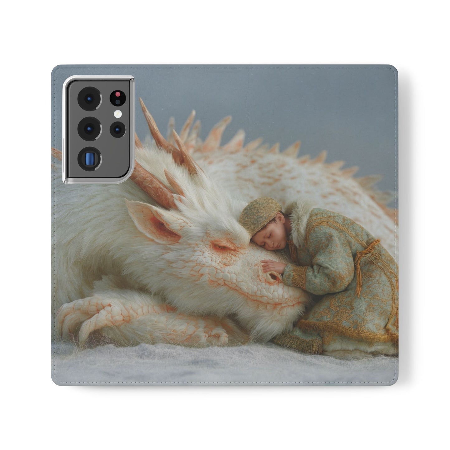 Sleeping Child and Dragon Flip Cases – Snowy Guardian Embrace