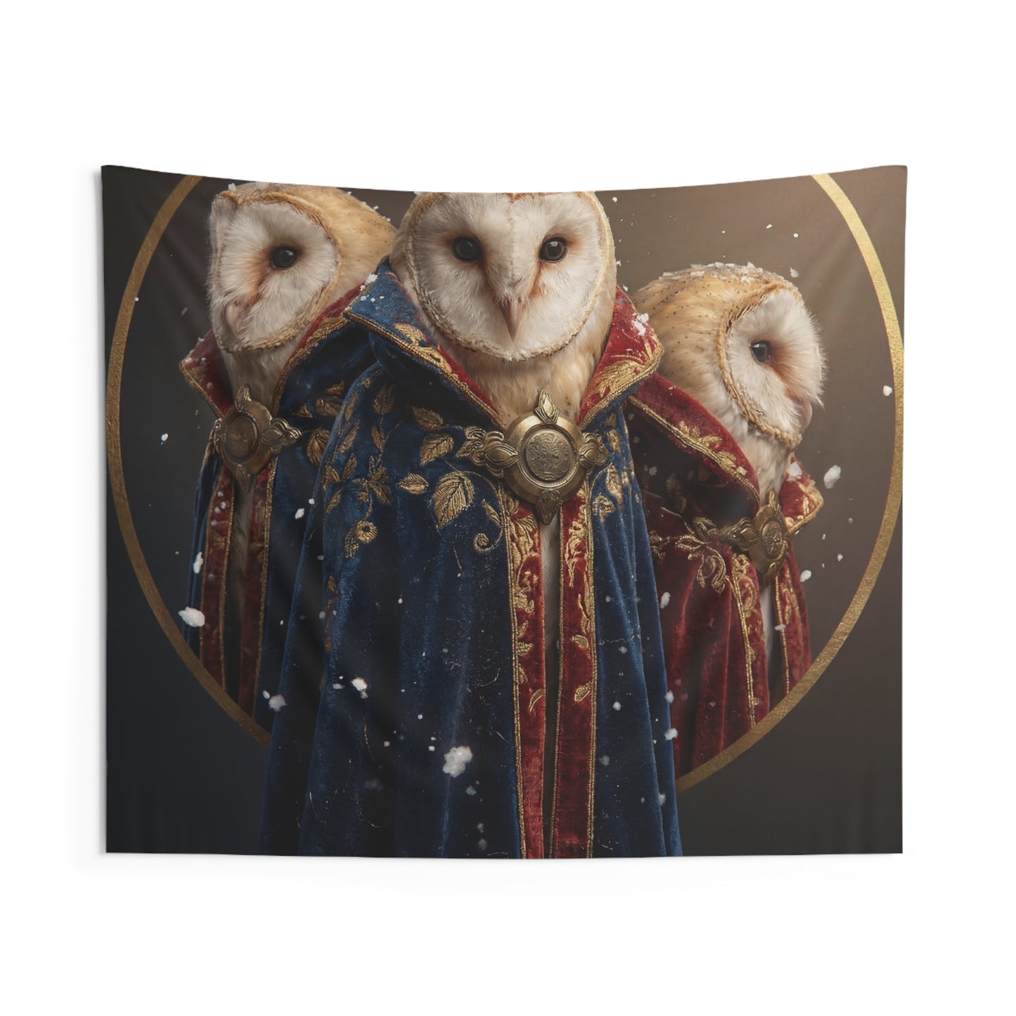 Three Owls in Velvet Robes Indoor Wall Tapestries – Winter Courtly Guardians