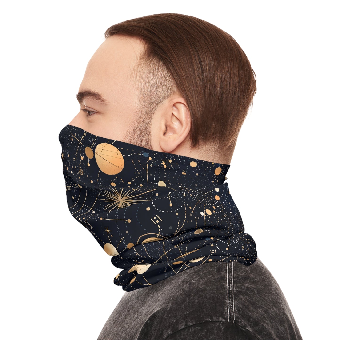 "A detailed star map pattern with constellations interconnected by delicate lines, using a color palette of deep indigo, midnight blue, and accents of silver and gold." - Lightweight Neck Gaiter