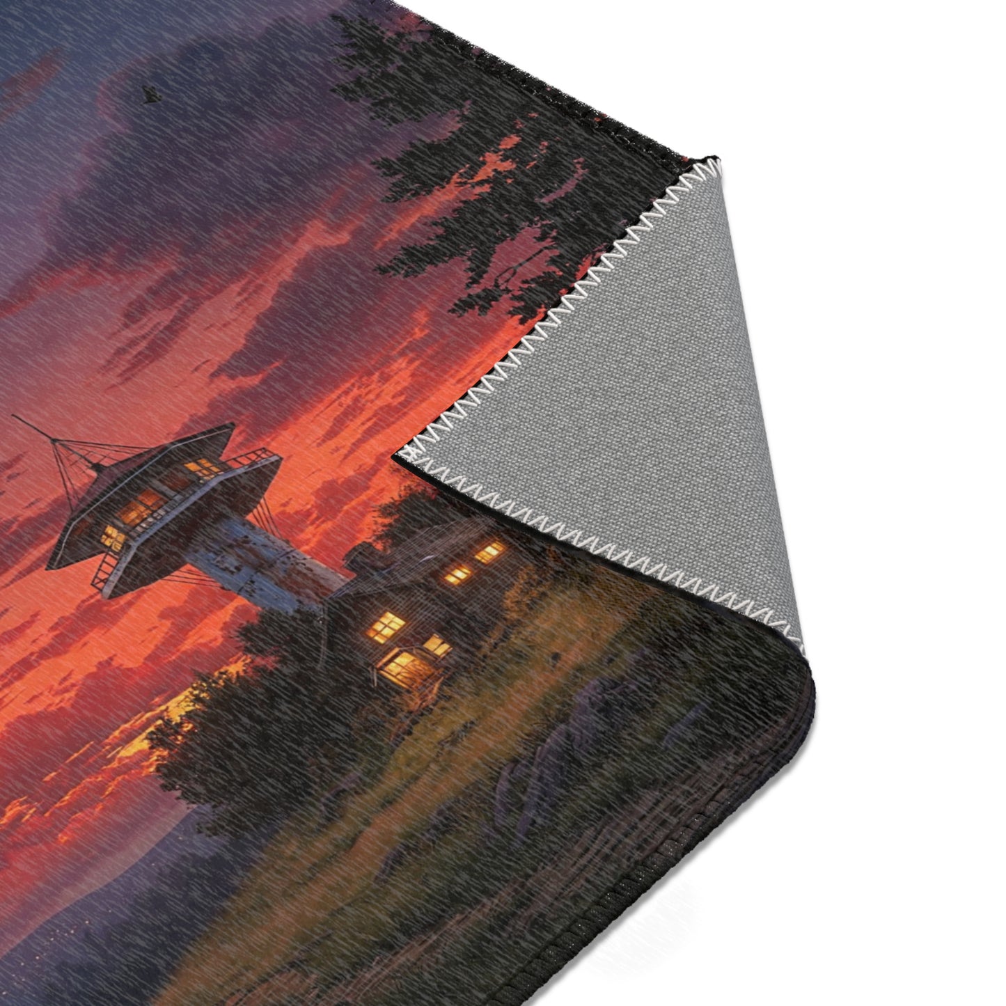 Sunset Sentinel Tower Rug – Warm Glow Over Mountain Path