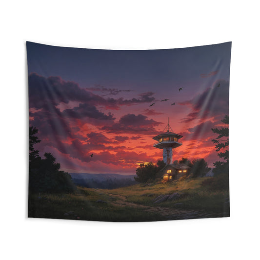 Twilight Watchtower Wall Tapestry – Crimson Sky Over Mountain Sentinel