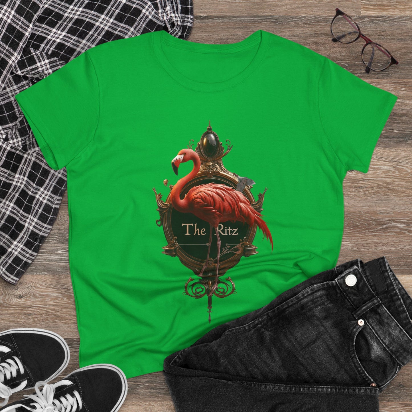 Scarlet Flamingo Ornate Clock Tee – The Ritz Midnight Sentinel Women's Midweight Cotton Tee