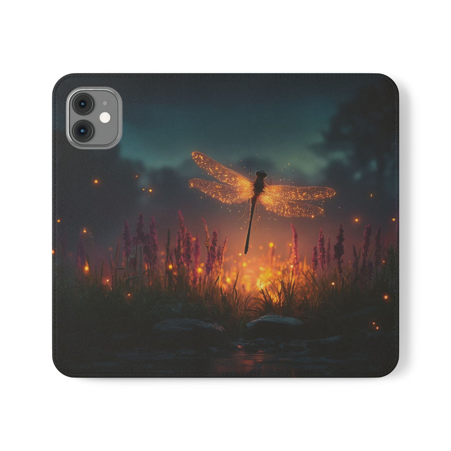 Bioluminescent Dragonfly Flip Cases – Glowing Amber Wings Over Twilight Marsh