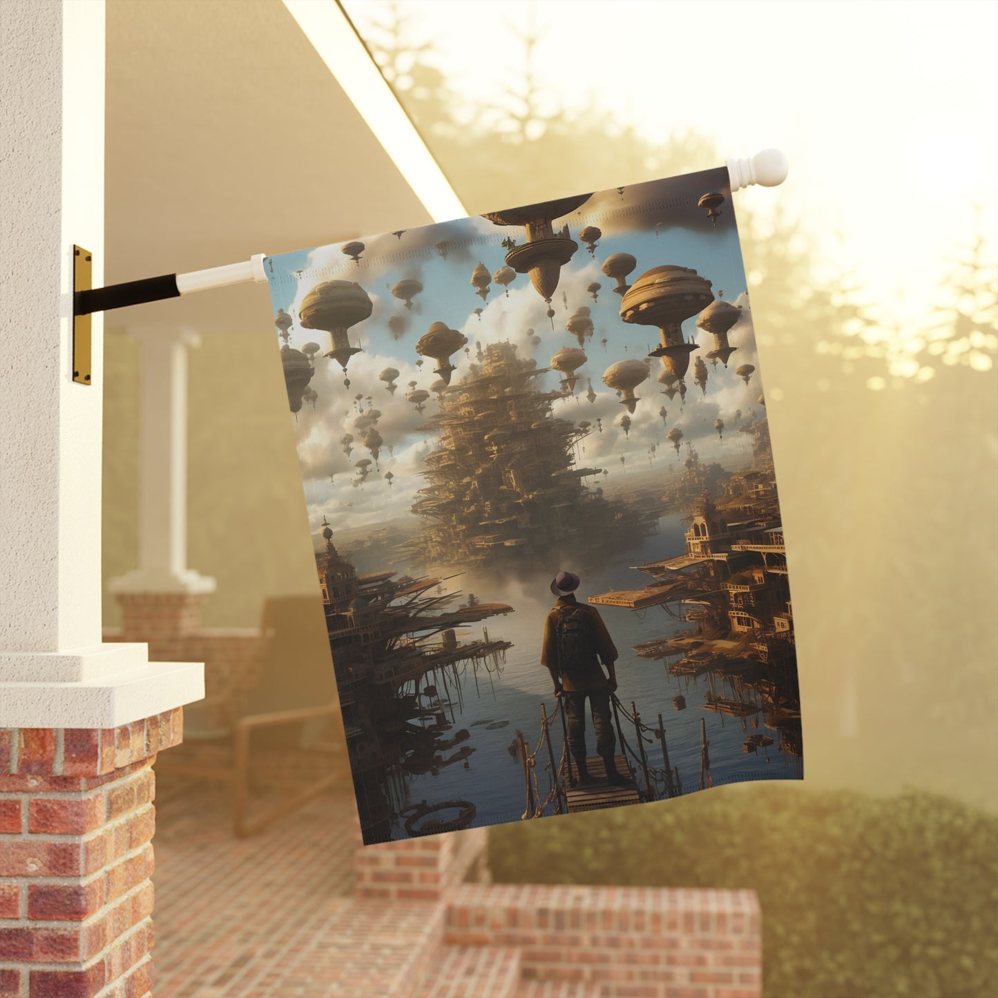 A fantasy-inspired scene featuring floating cities integrated into the Man at Burning Man - Garden & House Banner