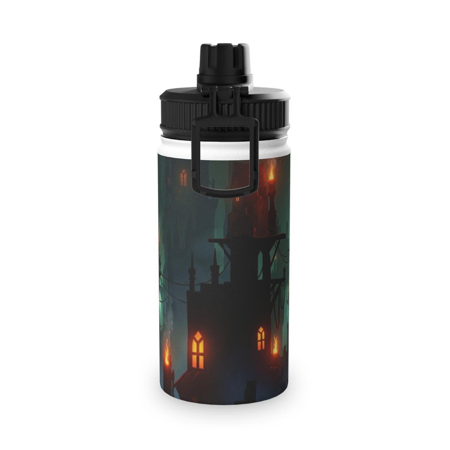 Floating City at Dusk Stainless Steel Water Bottle, Sports Lid – Amber Lights in the Mist