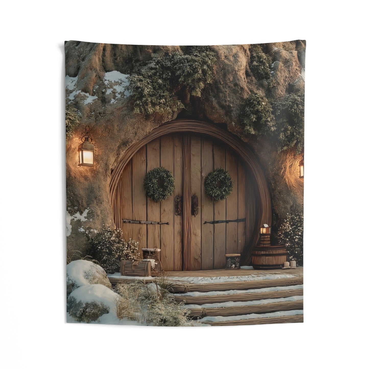 Winter Hollow Treehouse Tapestry – Snow-Dusted Forest Sanctuary