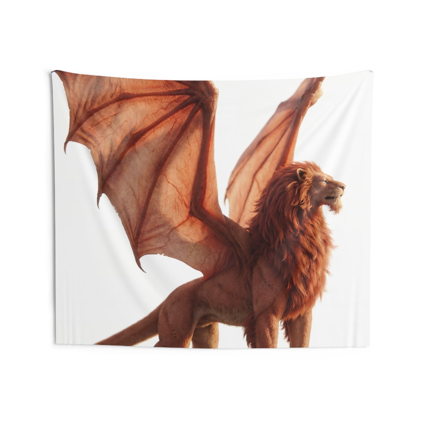 Winged Lion Sentinel Indoor Wall Tapestries – Sunset Guardian on Sunlit Peak