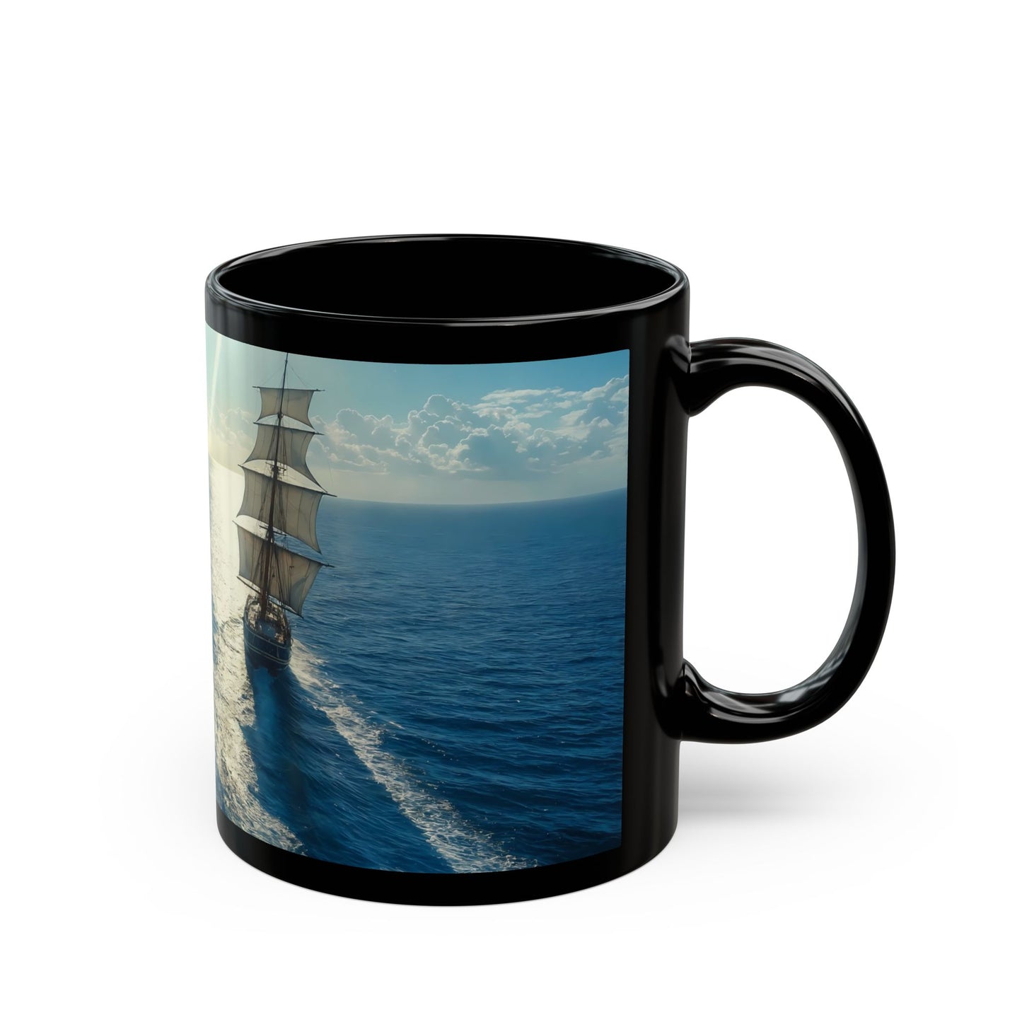 Sailboat Horizon Black Mug – Sunlit Seascape Voyage