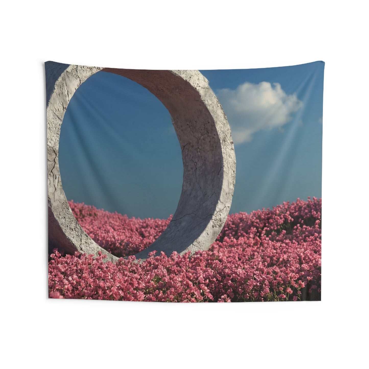 Stone Circle in Pink Bloom Field – Ethereal Gateway Wall Tapestry