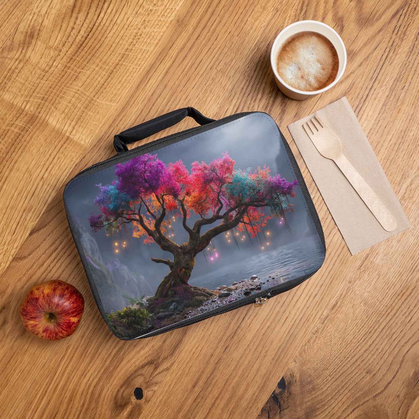 Chromatic Dream Tree Lunch Bag – Whimsical Night Glow on the Water’s Edge