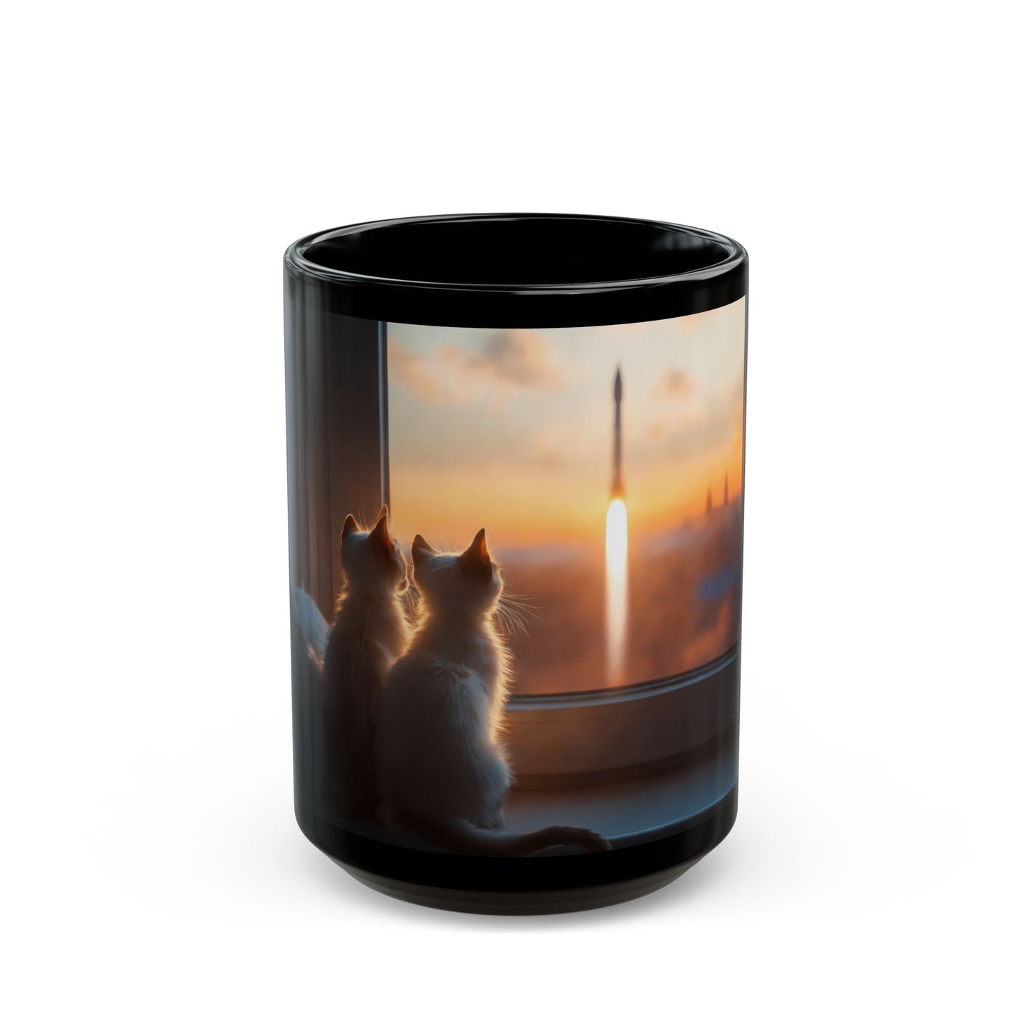 Cats Watching Rocket Launch Black Mug – Sunset Skywatchers