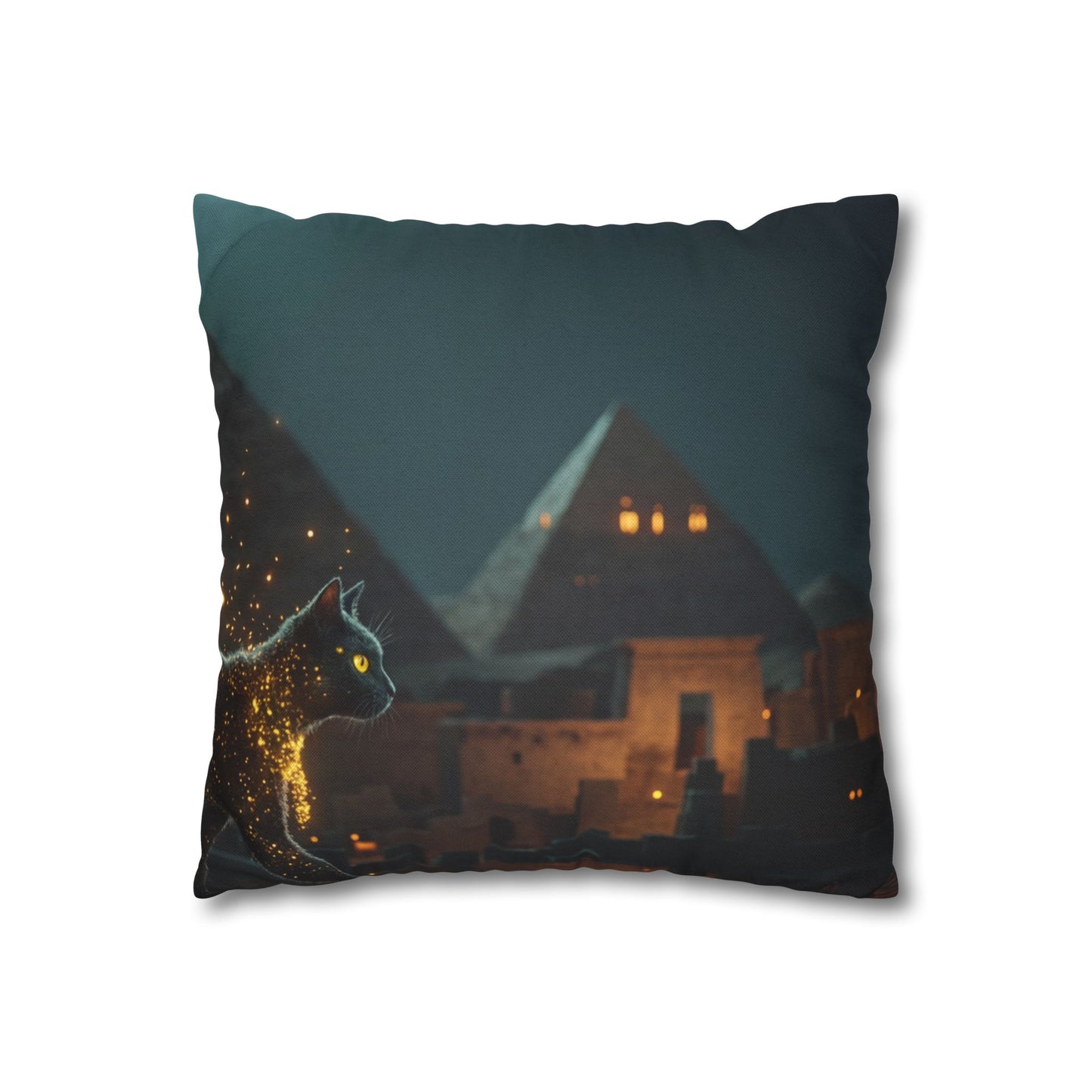 Starlit Cat by Pyramids Spun Polyester Square Pillowcase – Ancient Nightwalk Dreamscape