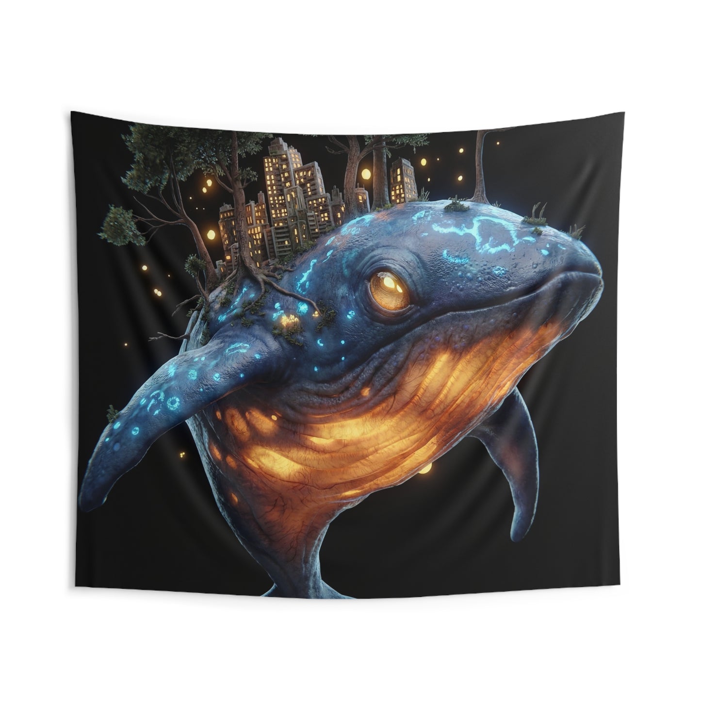 Whalesong Cityscape Indoor Wall Tapestries – Bioluminescent Ocean Guardian