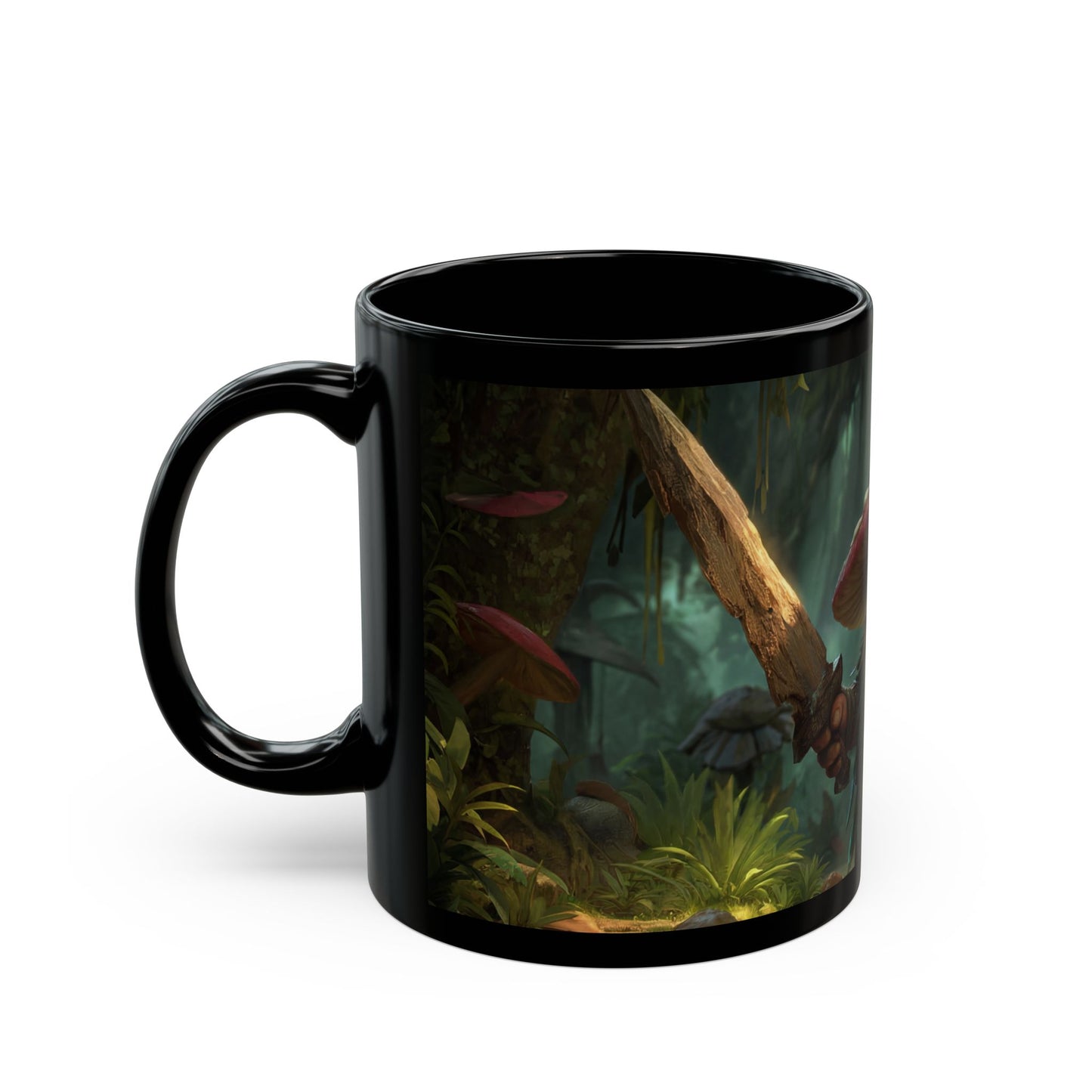 Mushroom Guardian Black Mug – Sunlit Jungle Sentinel