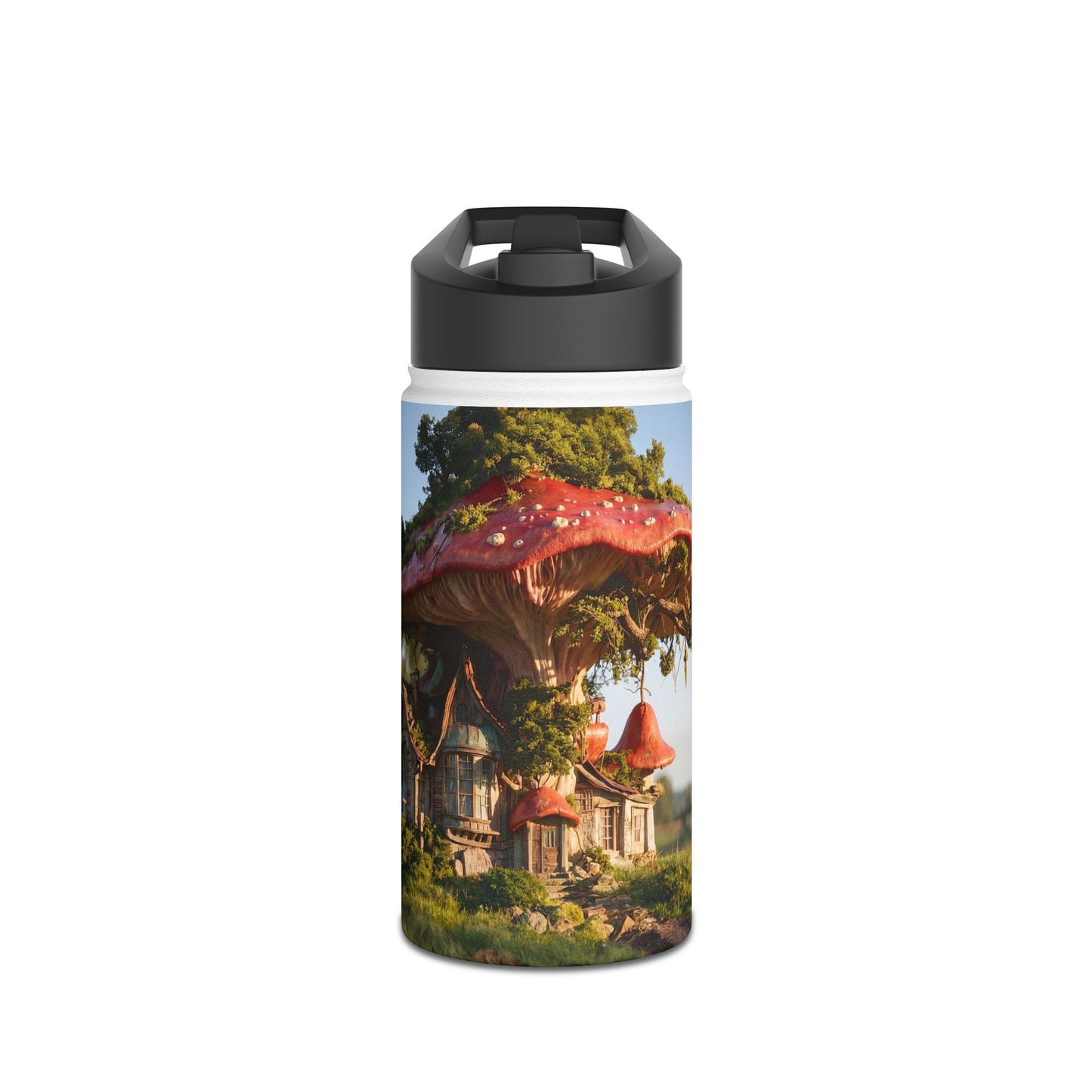 Mushroom Cottage Water Bottle – Red Cap Sanctuary in the Meadow