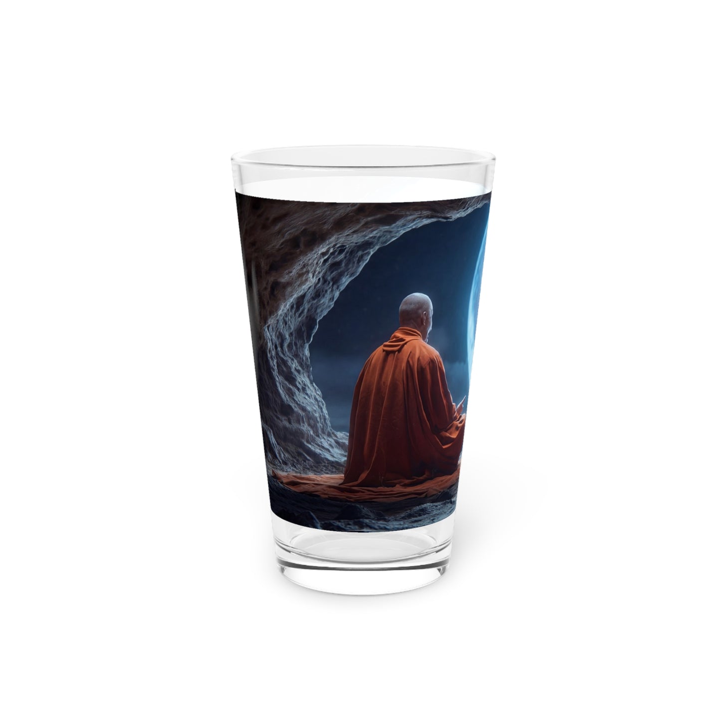 Moonlit Monk Meditation Pint Glass – 16oz Serene Cave Sanctuary
