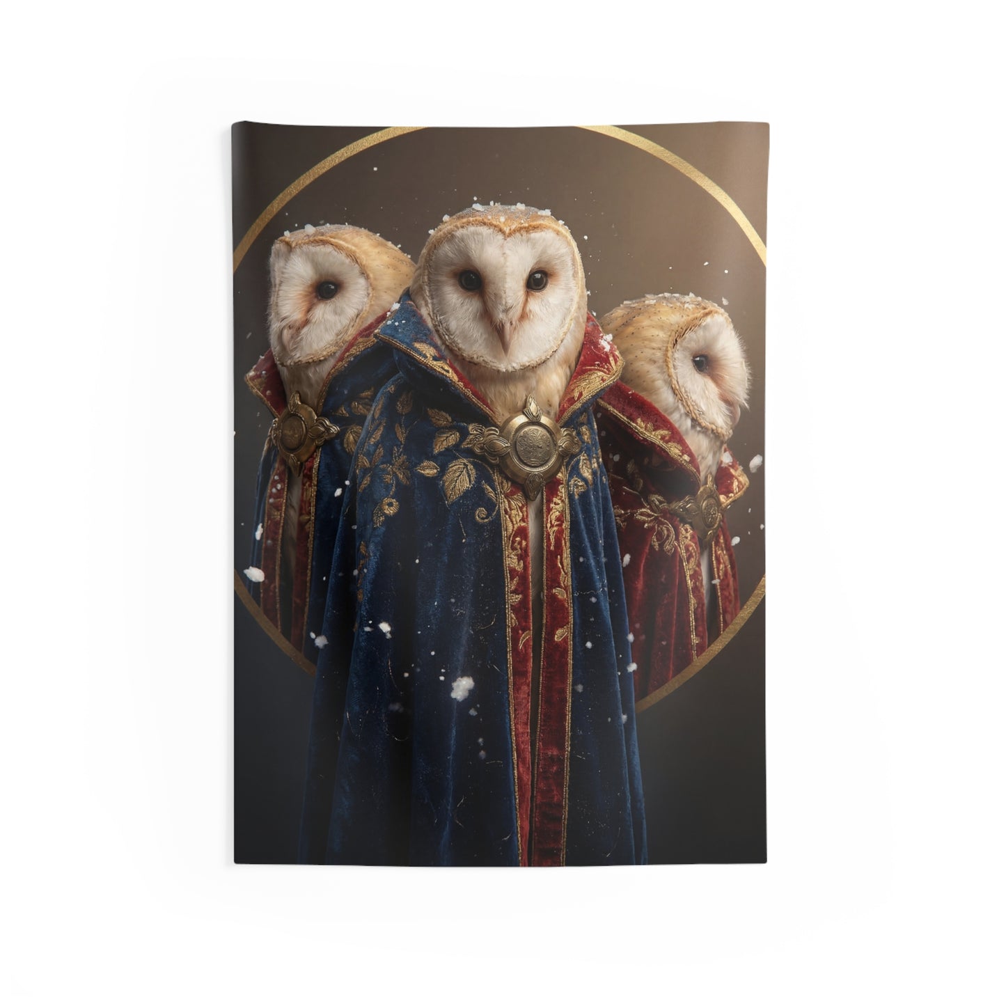 Three Wise Owls Indoor Wall Tapestries – Velvet Cloaks in Winter’s Hush