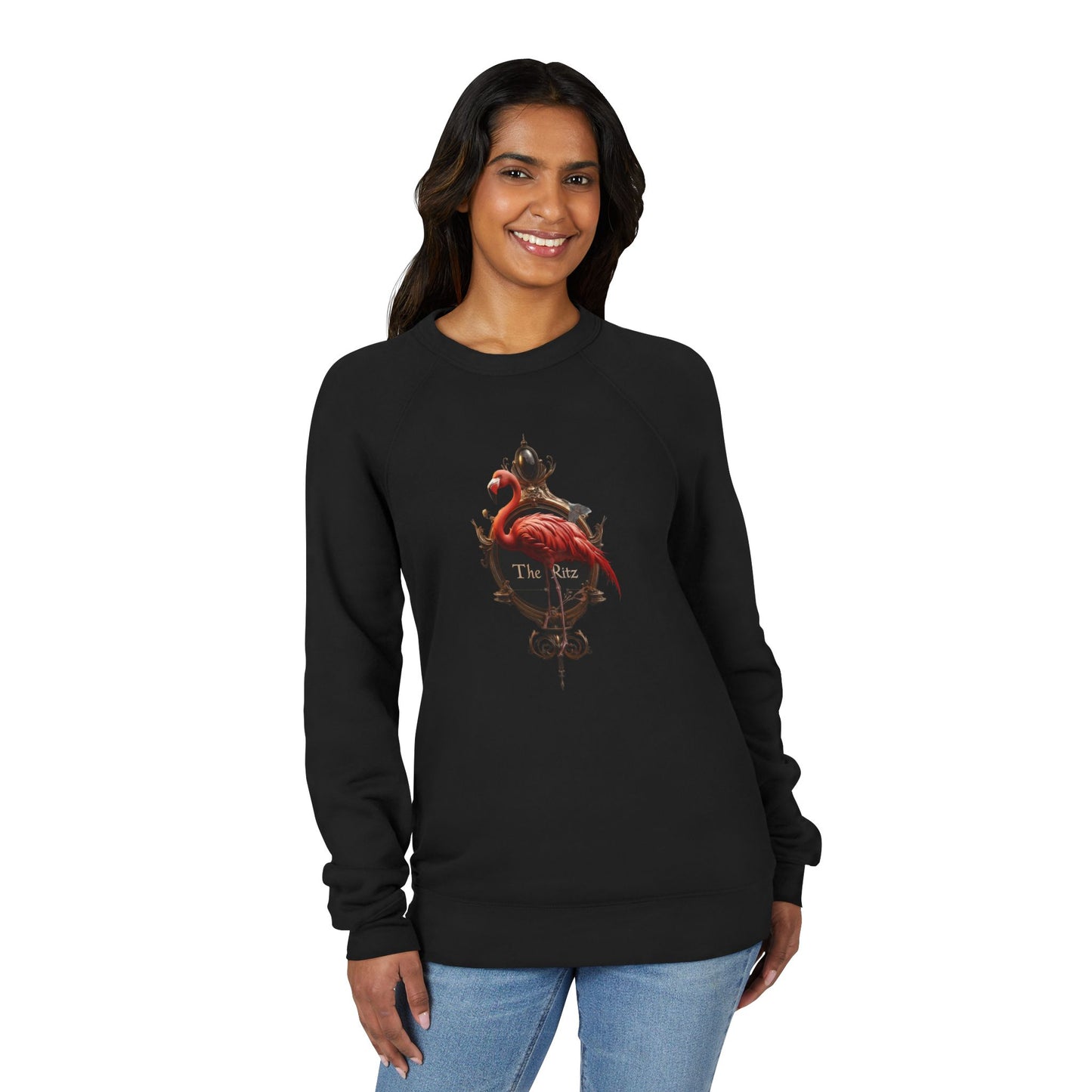 The Ritz Flamingo Raglan Sweatshirt – Opulent Gold Frame & Crimson Bird Art