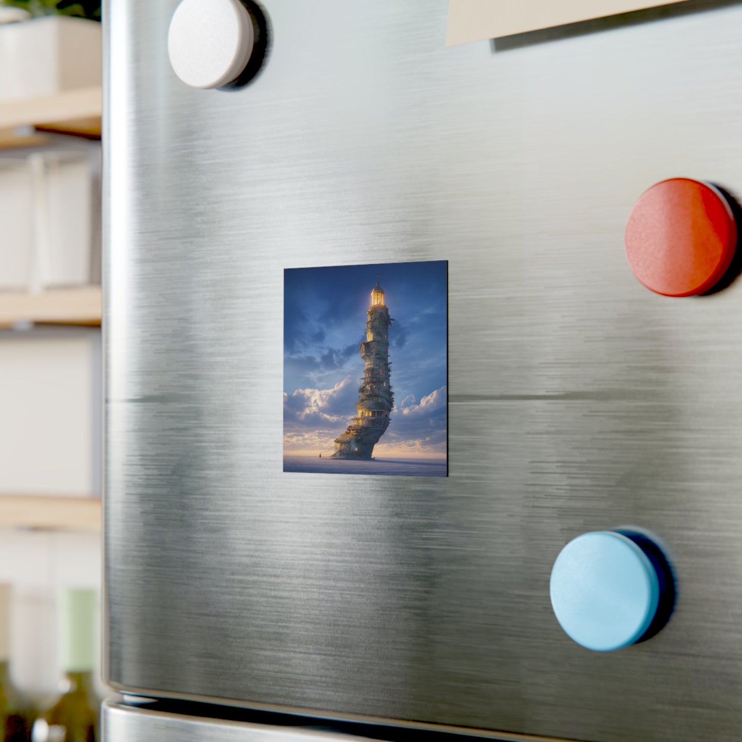 Skyborne Lighthouse Square Magnet – Twilight Beacon in the Clouds
