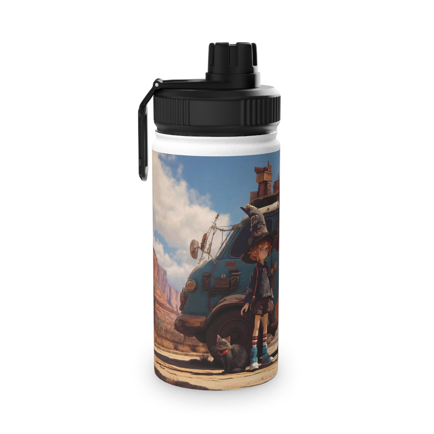 Witch Trio Roadtrip Stainless Steel Water Bottle, Sports Lid – Dusty Desert Spellbound