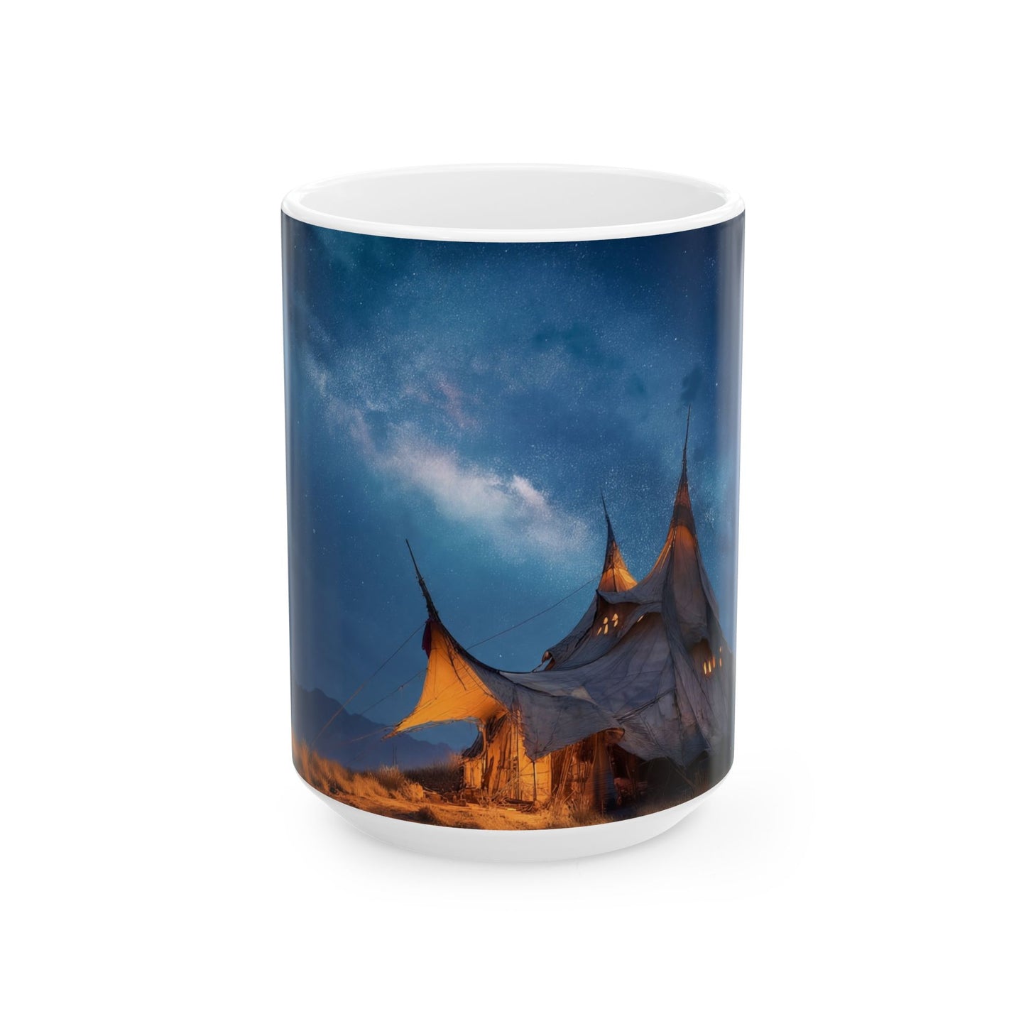Starlit Nomad Tent Ceramic Mug – Milky Way Over Desert Haven