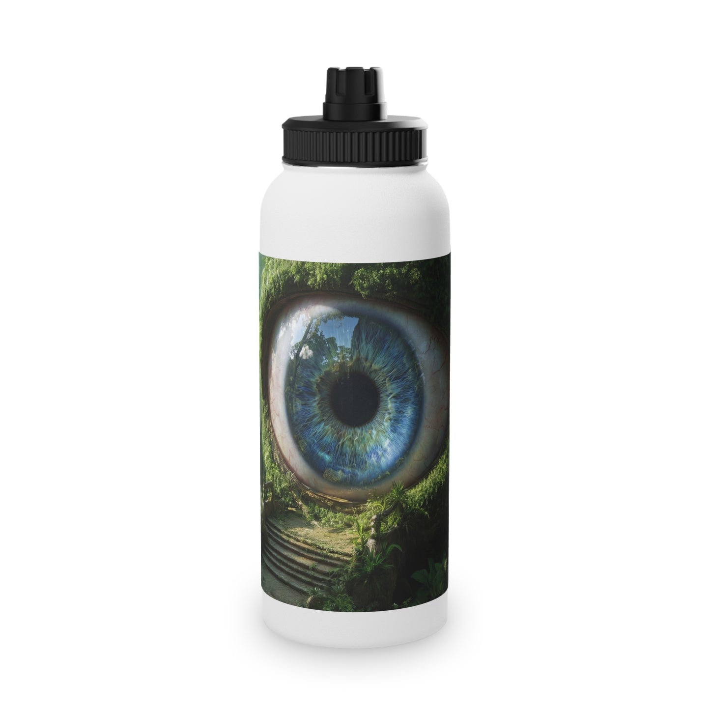 Guardian Eye of the Emerald Grove Stainless Steel Water Bottle, Sports Lid – Watchful Forest Portal