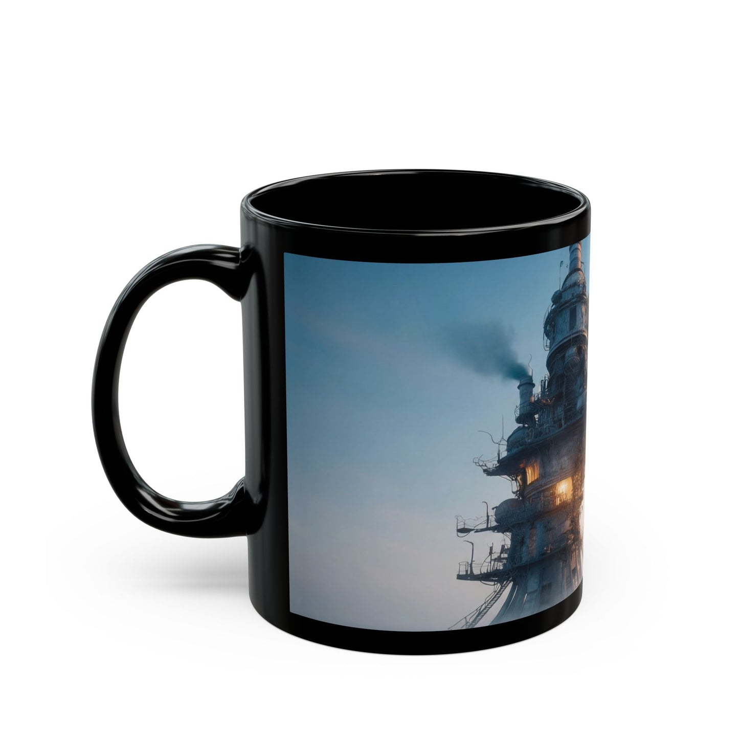 Skyward Steam Tower Black Mug – Dawn’s Industrial Reverie