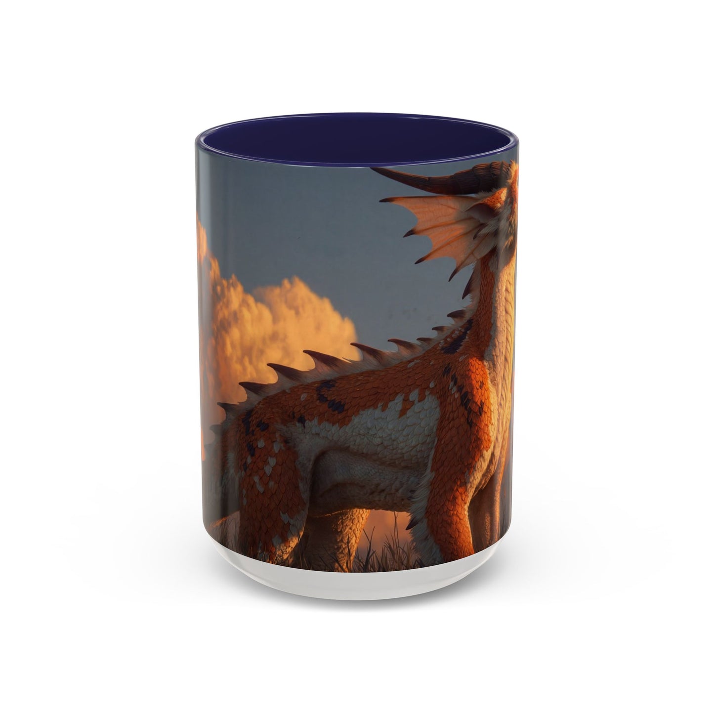 Sunset Dragon Accent Coffee Mug (11, 15oz) – Warm Ember Guardian in Golden Grasses