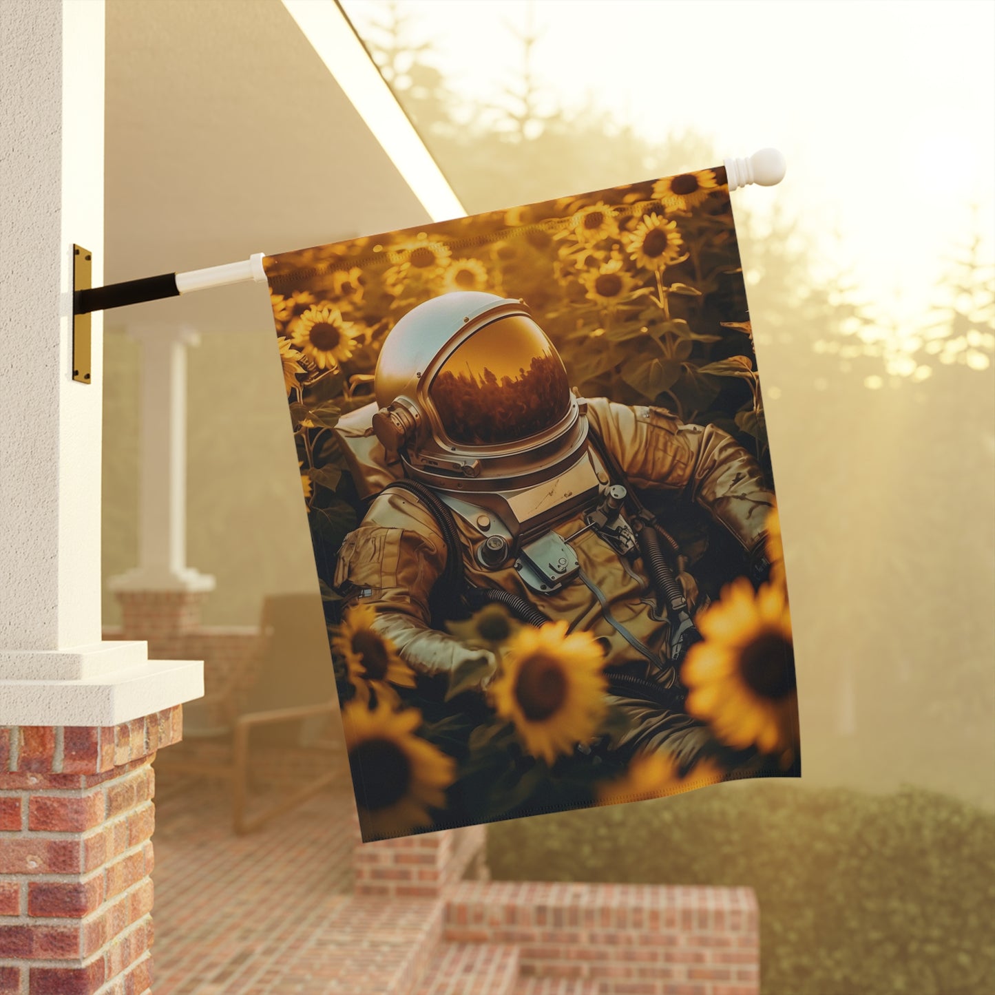 high texture quality photo of biomechanical astronaut lying in a meadow of sunflowers, golden hour, Leica 50mm, f1. 4, night - Garden & House Banner