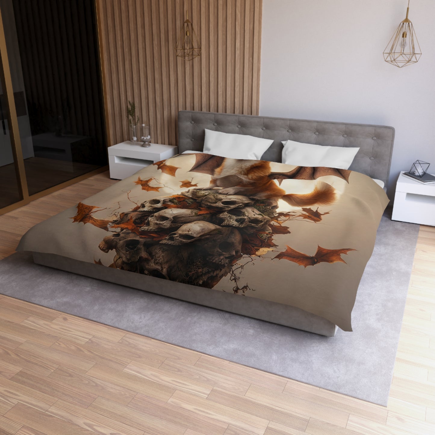 Winged Corgi Over Skulls Duvet Cover – Autumn Moonlight Sentinel