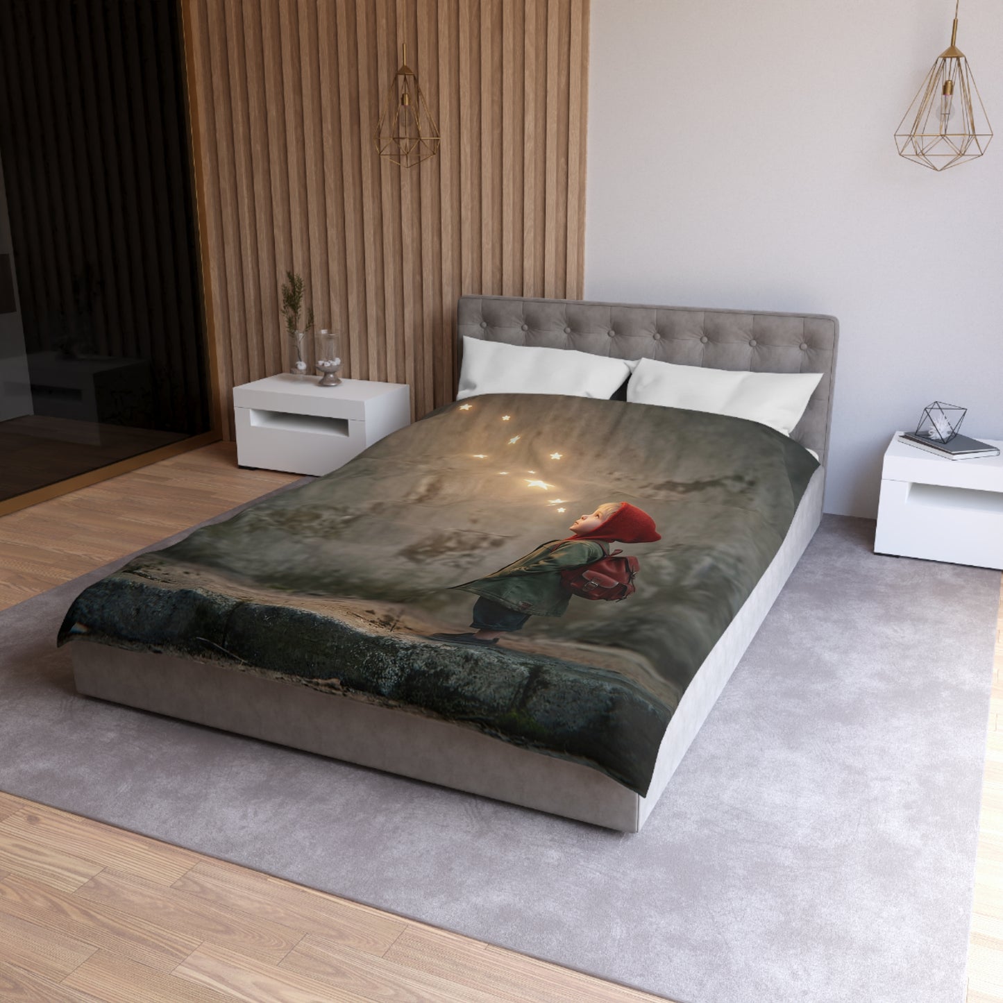 Star-Seeking Child Microfiber Duvet Cover – Warm Glow Against Weathered Stone