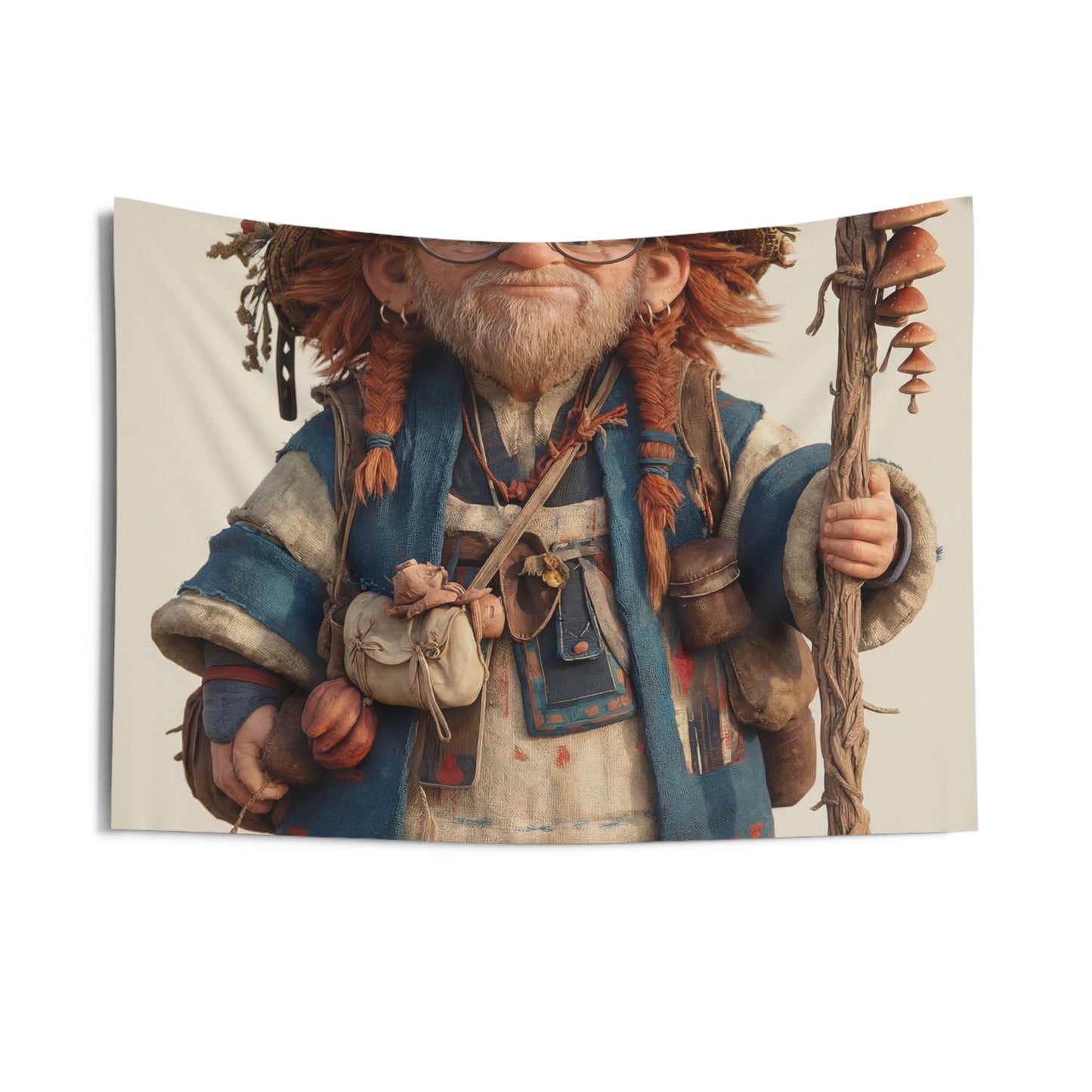 Wandering Herbalist Tapestry – Sunlit Forest Wanderer with Mushroom Staff