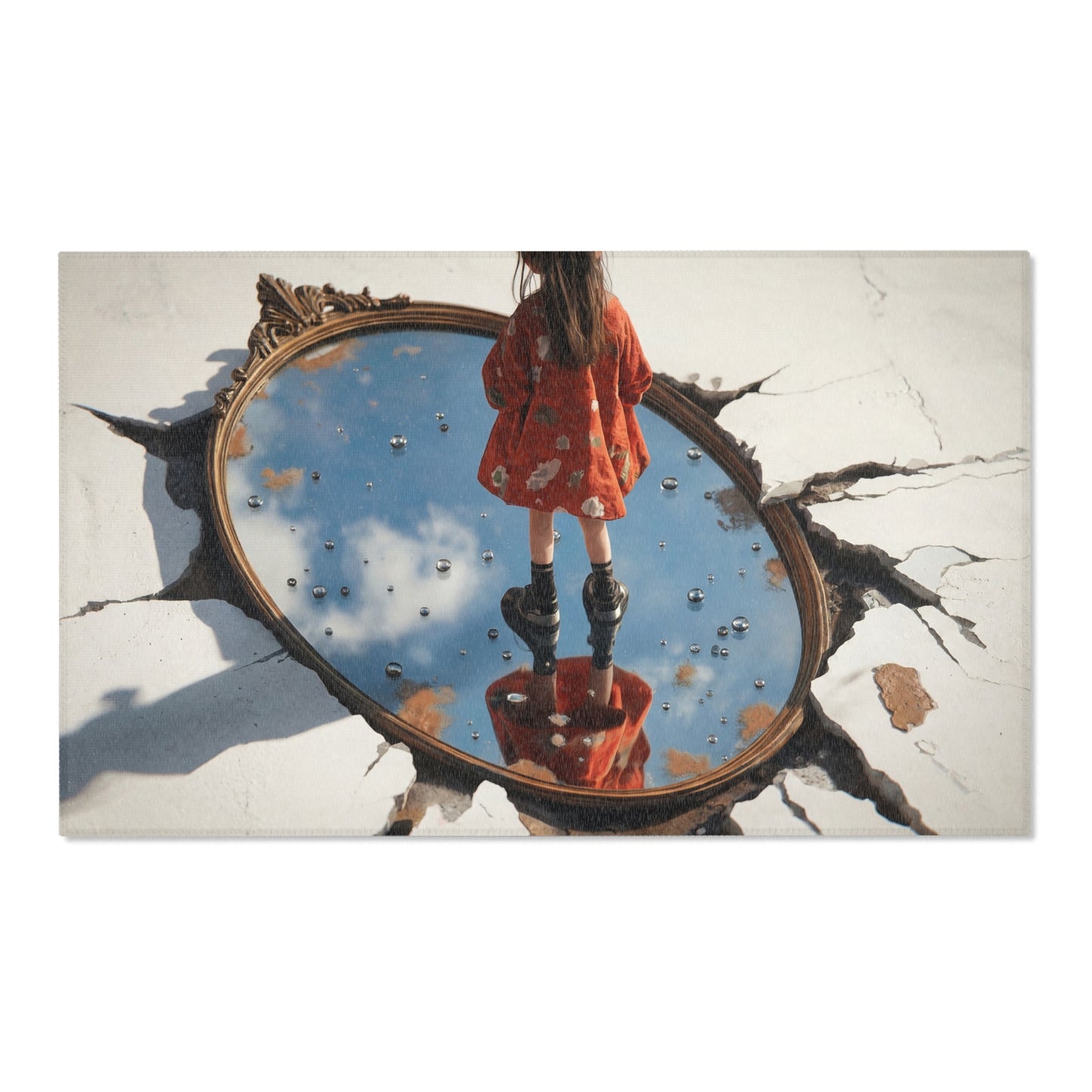 Girl Standing in Mirror Rug – Sunlit Sky Reflection