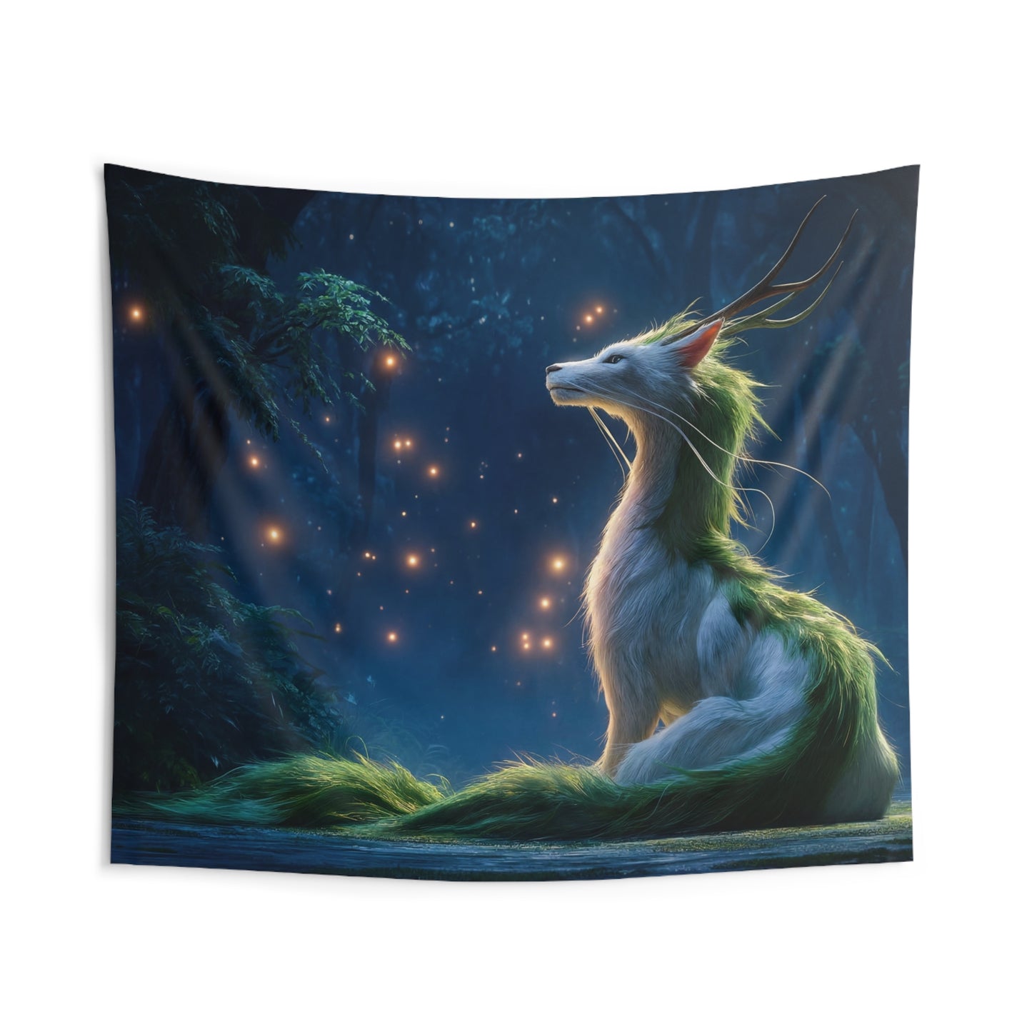 Luminescent Forest Spirit Indoor Wall Tapestries – Moonlit Fox with Green Mane