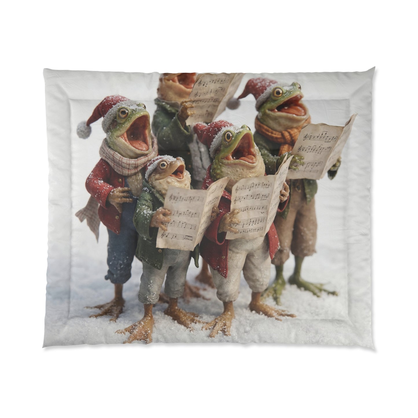 Frogs in Snow Choir Comforter – Winter Carolers Singing Through Frost