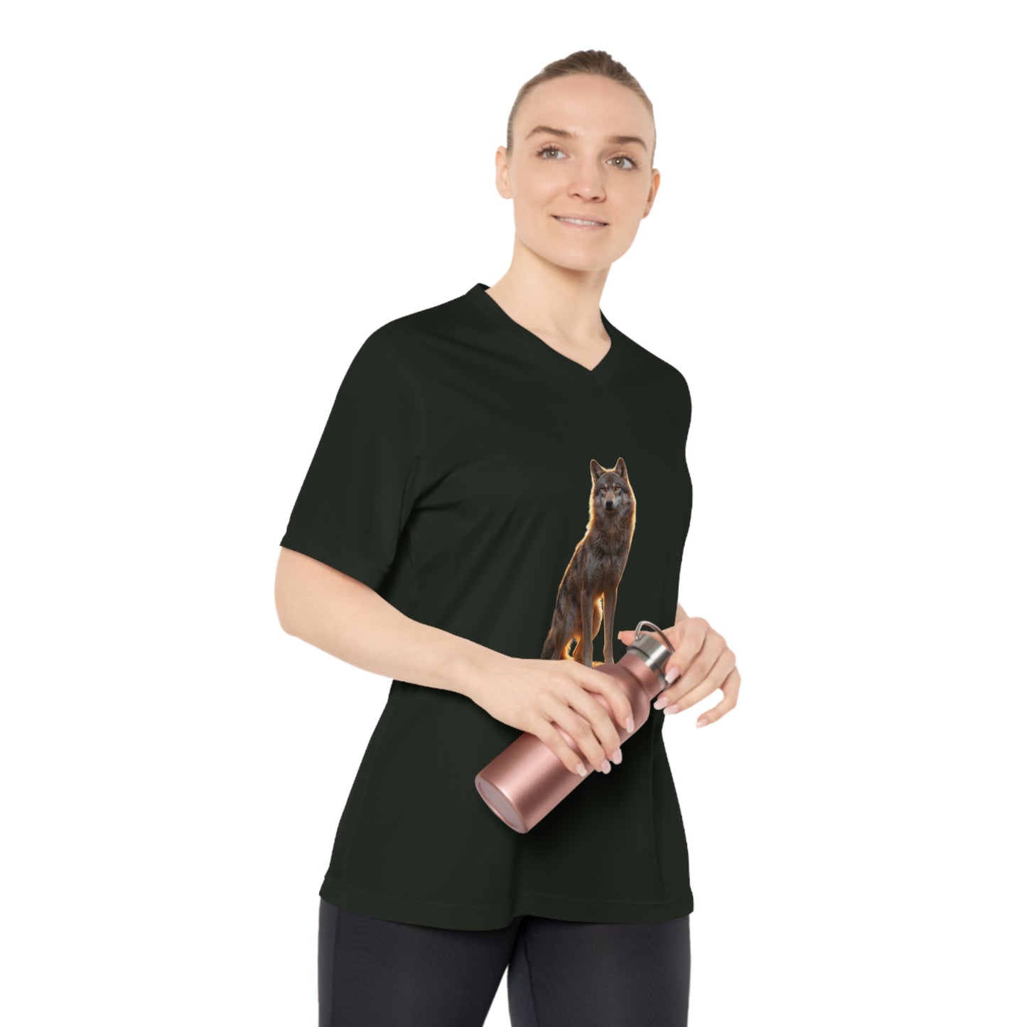 Golden Sentinel Wolf Women's Performance V-Neck T-Shirt – Amber Glow on Black