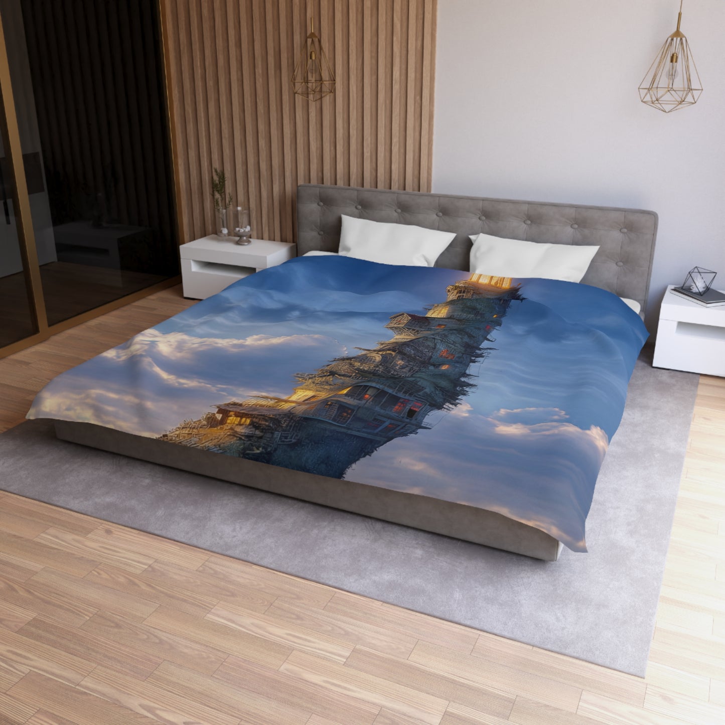 Skyward Lighthouse Microfiber Duvet Cover – A Beacon Through Twilight Clouds